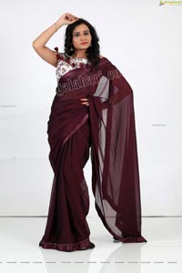 VJ Jaanu in Wine Silk Saree Exclusive Photo Shoot