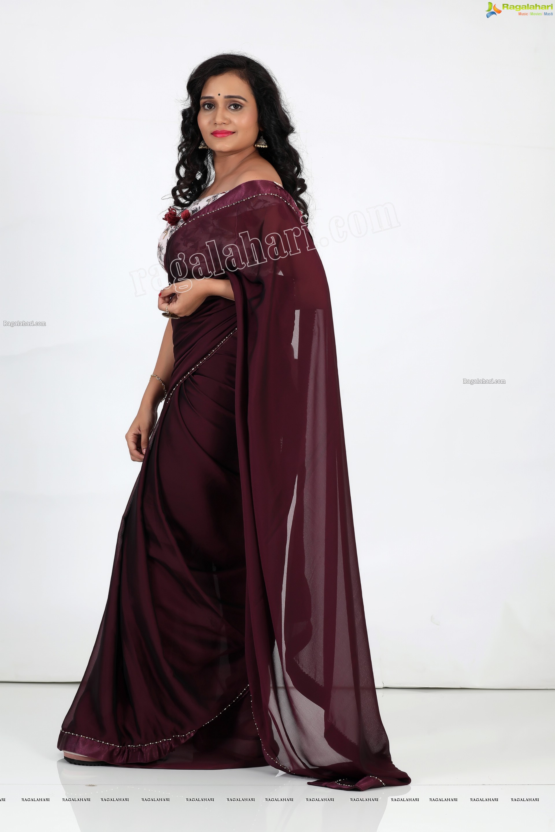 VJ Jaanu in Wine Silk Saree Exclusive Photo Shoot