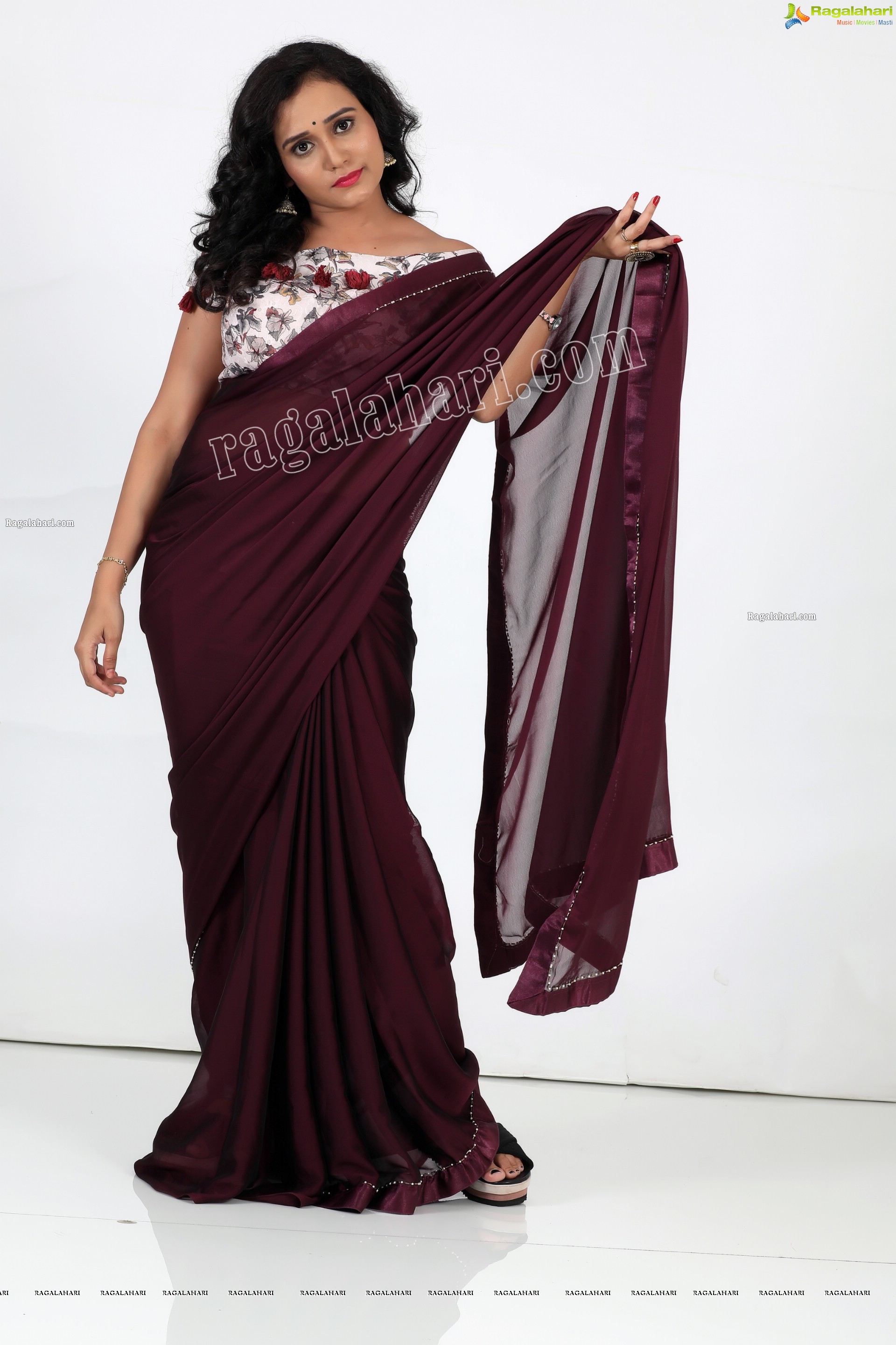 VJ Jaanu in Wine Silk Saree Exclusive Photo Shoot