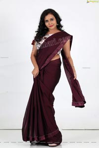 VJ Jaanu in Wine Silk Saree Exclusive Photo Shoot