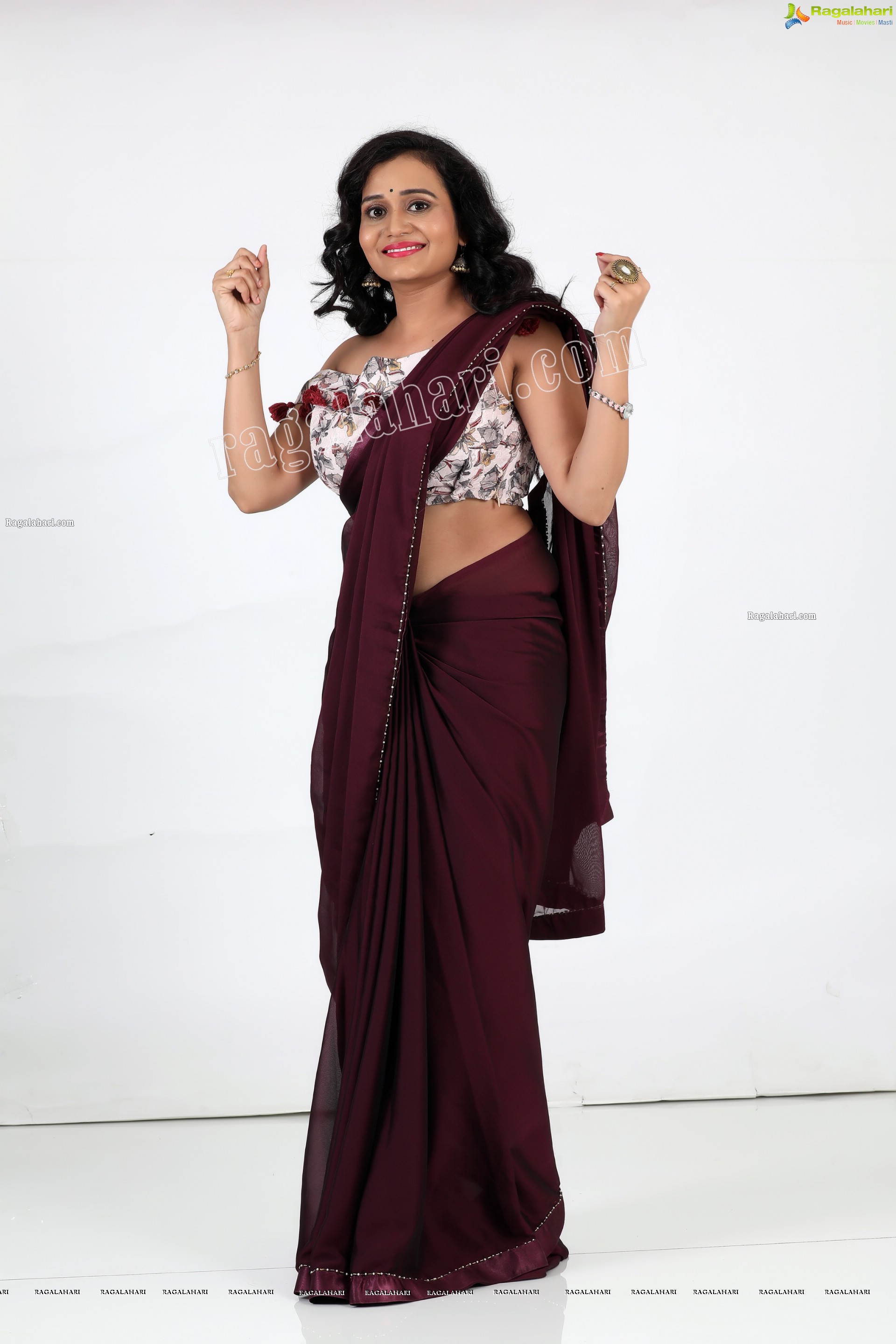 VJ Jaanu in Wine Silk Saree Exclusive Photo Shoot