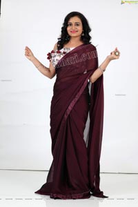 VJ Jaanu in Wine Silk Saree Exclusive Photo Shoot