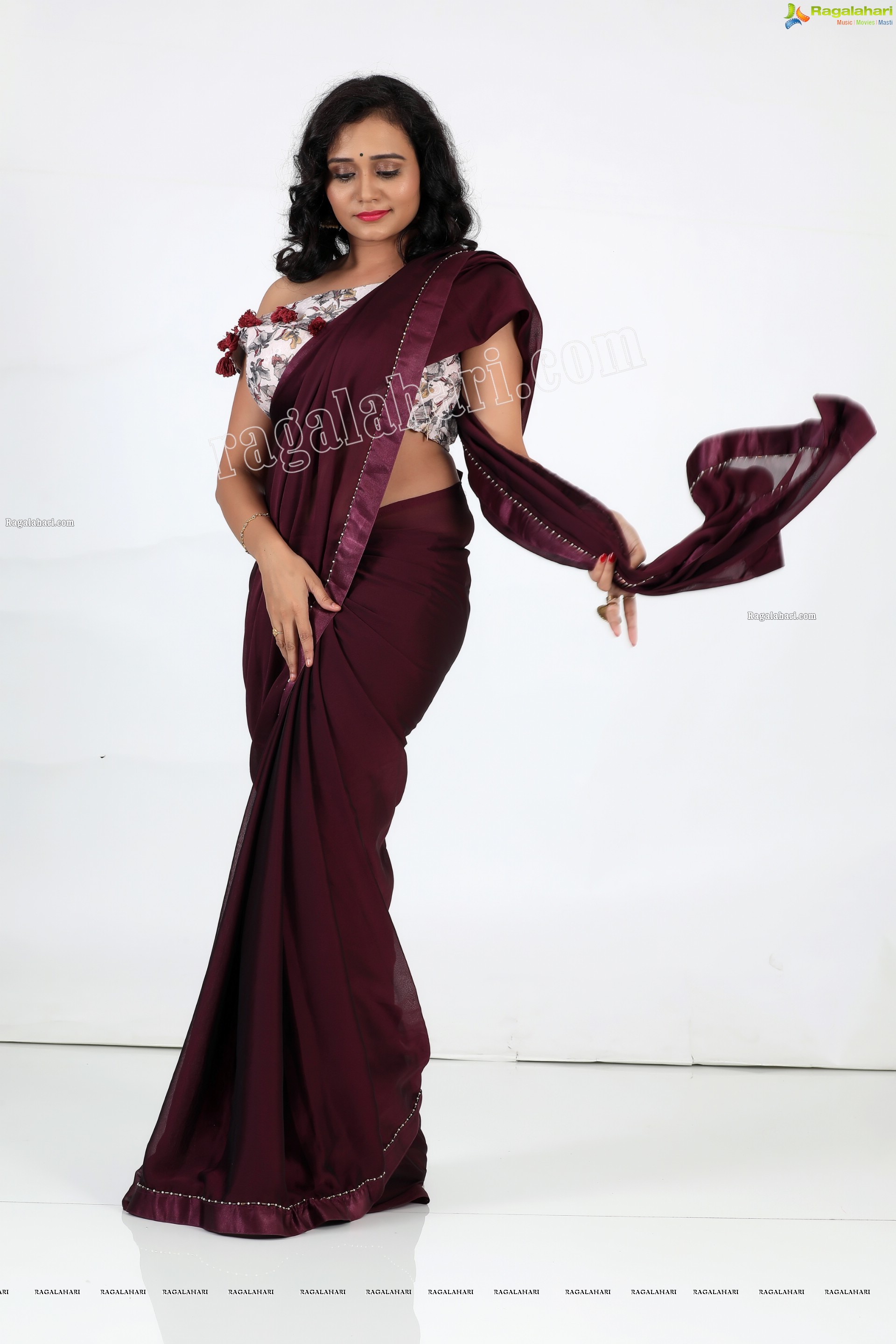 VJ Jaanu in Wine Silk Saree Exclusive Photo Shoot