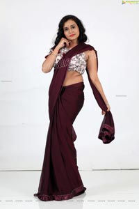 VJ Jaanu in Wine Silk Saree Exclusive Photo Shoot