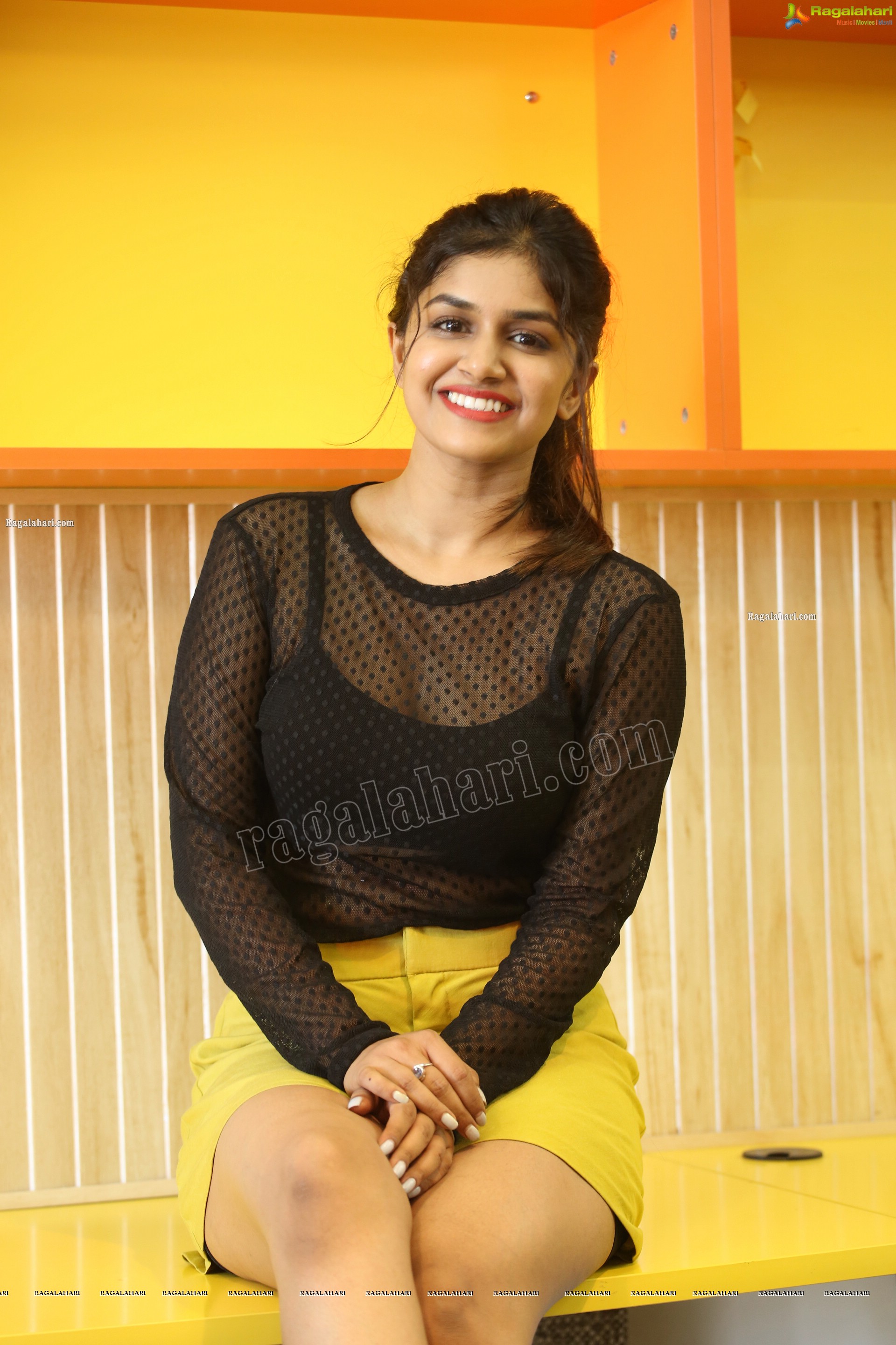 Sanjana Anand in Black Net Top and Yellow Mini Skirt, HD Photo Gallery