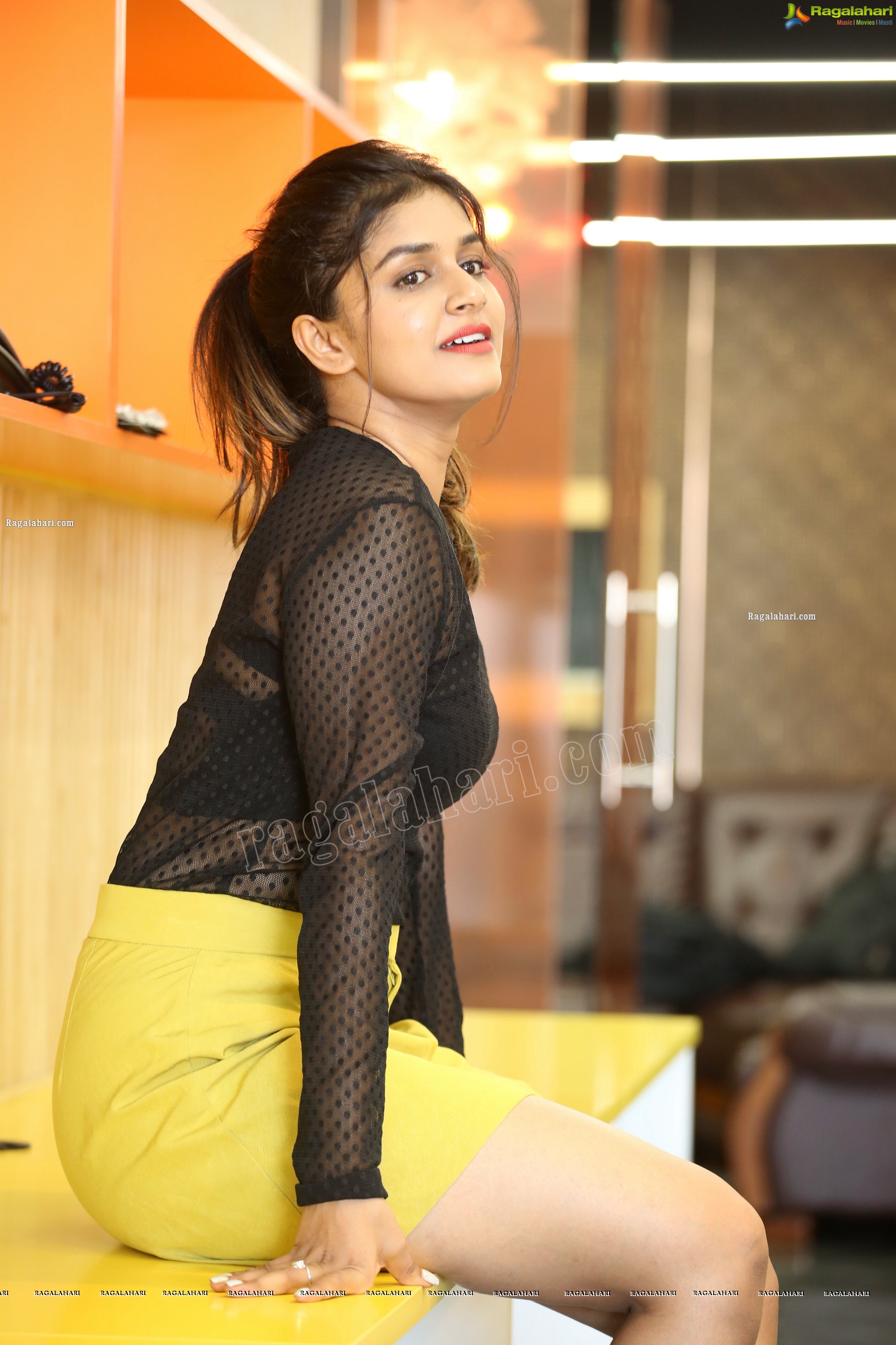 Sanjana Anand in Black Net Top and Yellow Mini Skirt, HD Photo Gallery