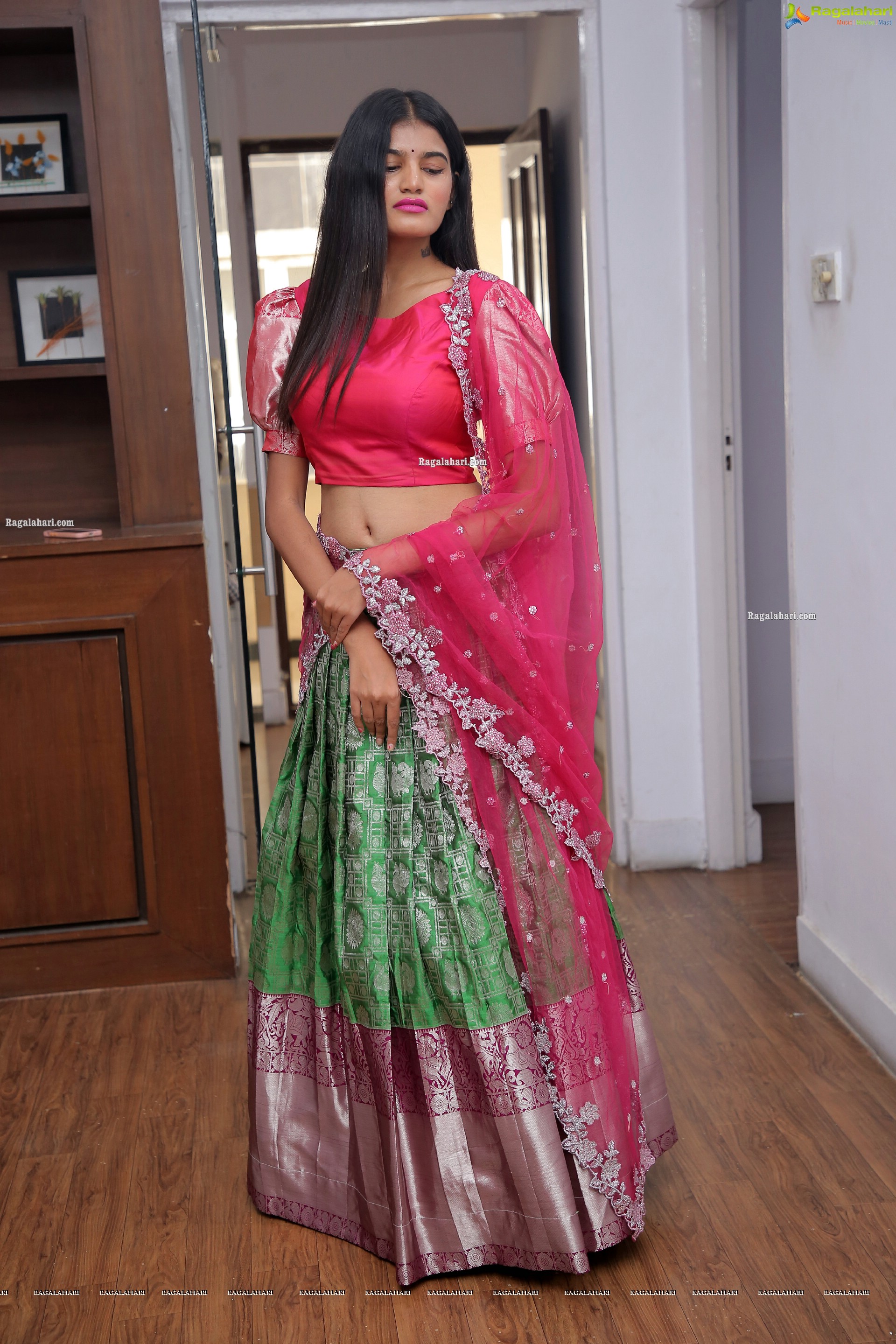 Sindhu Manthri in Green and Pink Lehenga Choli, HD Photo Gallery