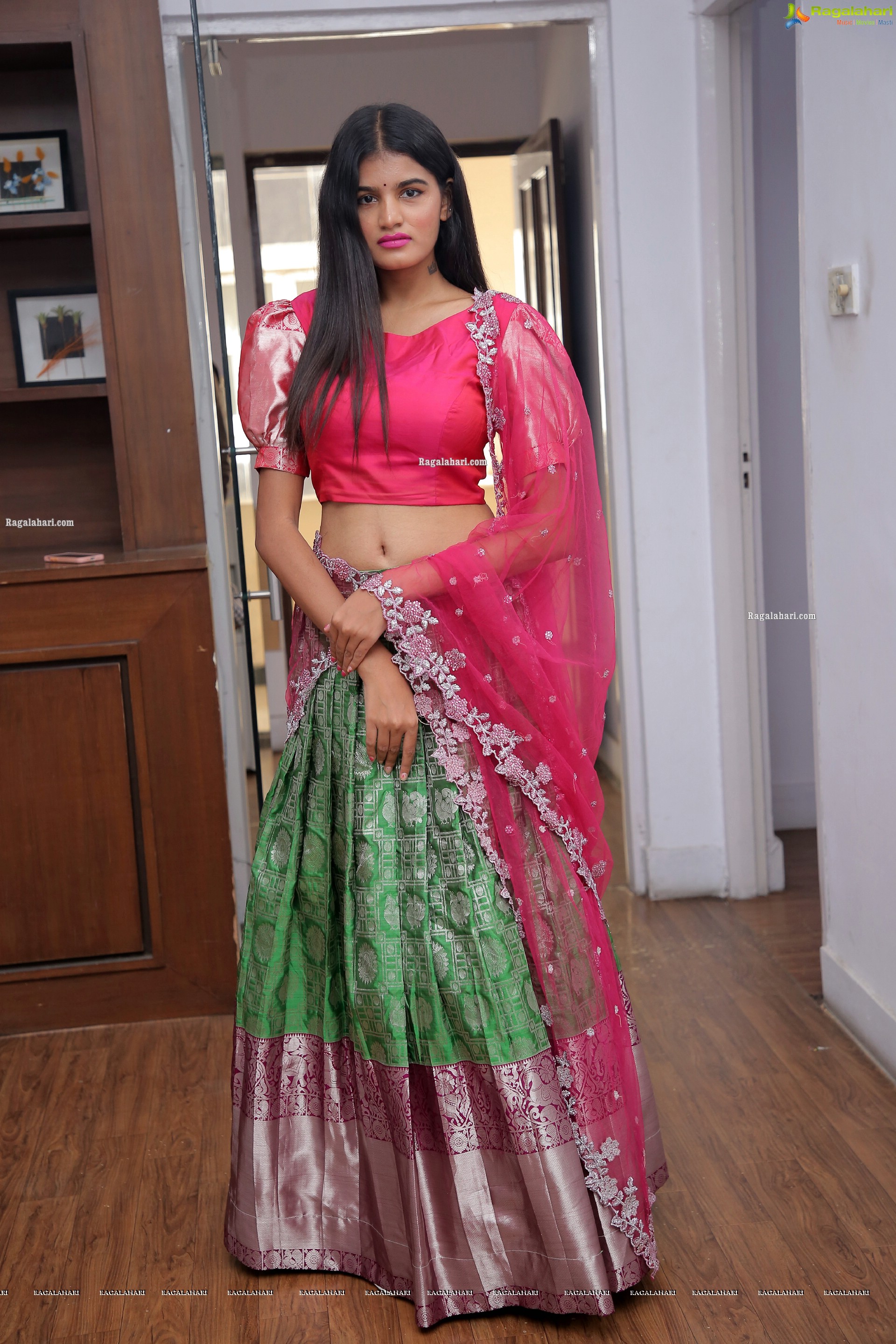 Sindhu Manthri in Green and Pink Lehenga Choli, HD Photo Gallery