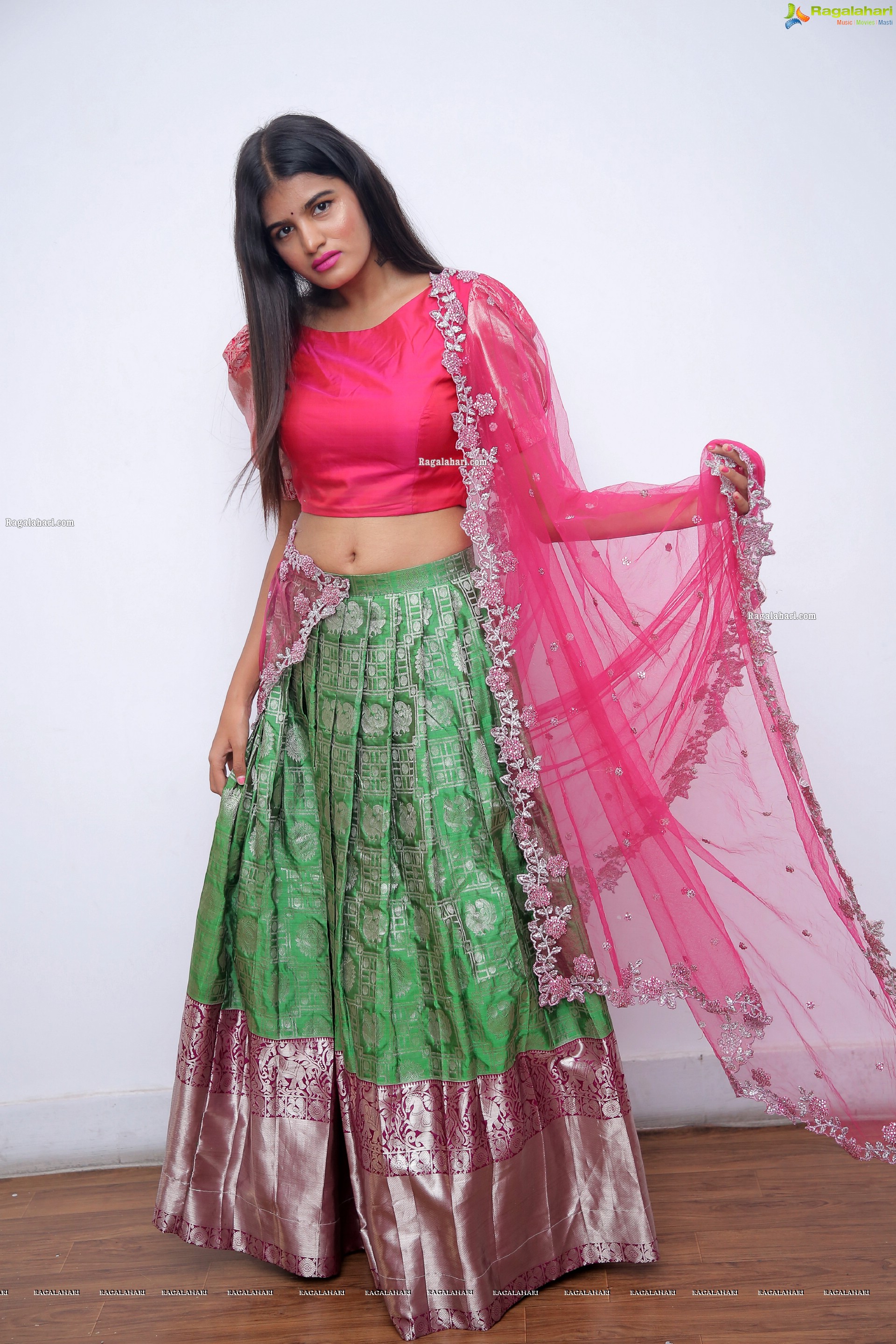 Sindhu Manthri in Green and Pink Lehenga Choli, HD Photo Gallery