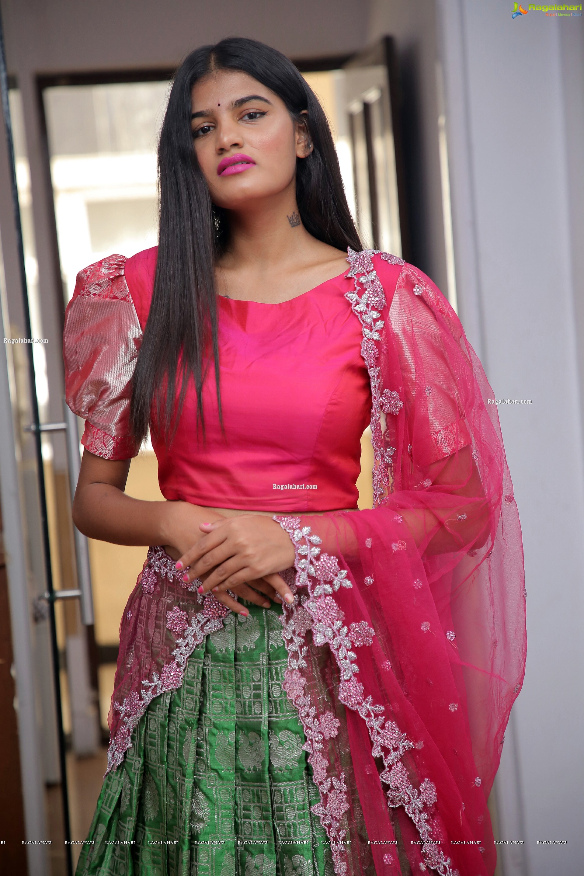 Sindhu Manthri in Green and Pink Lehenga Choli, HD Photo Gallery