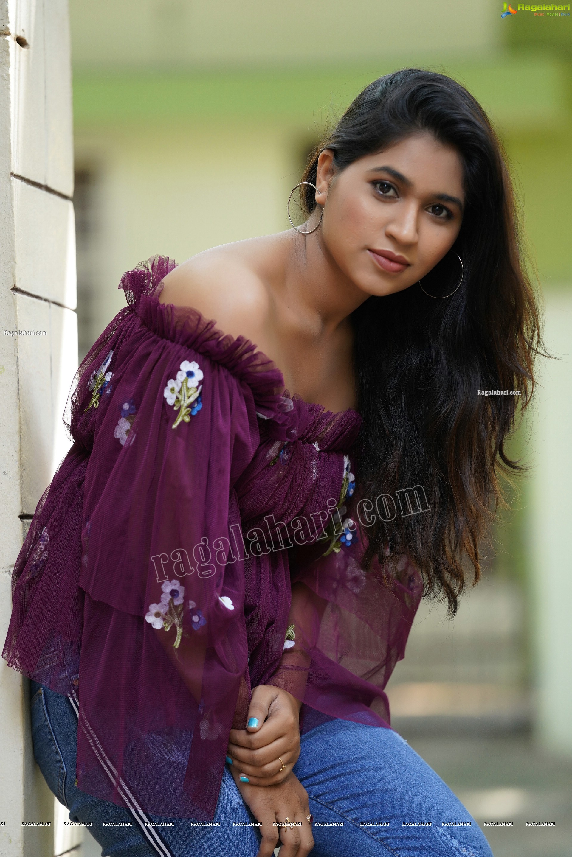 Honey Royal in Dark Purple Peplum Top and Jeans, Exclusive Photoshoot