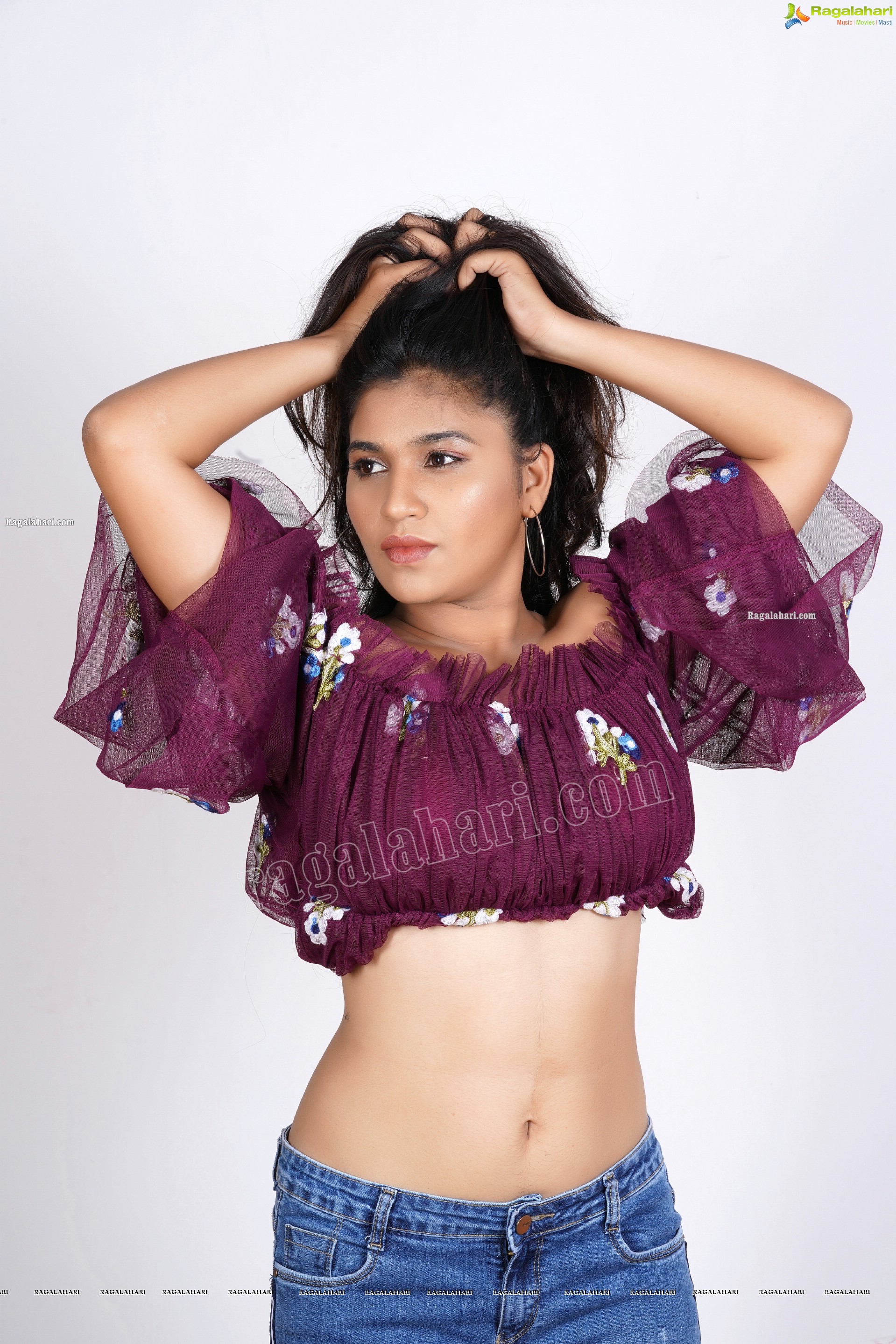 Honey Royal in Dark Purple Peplum Top and Jeans, Exclusive Photoshoot