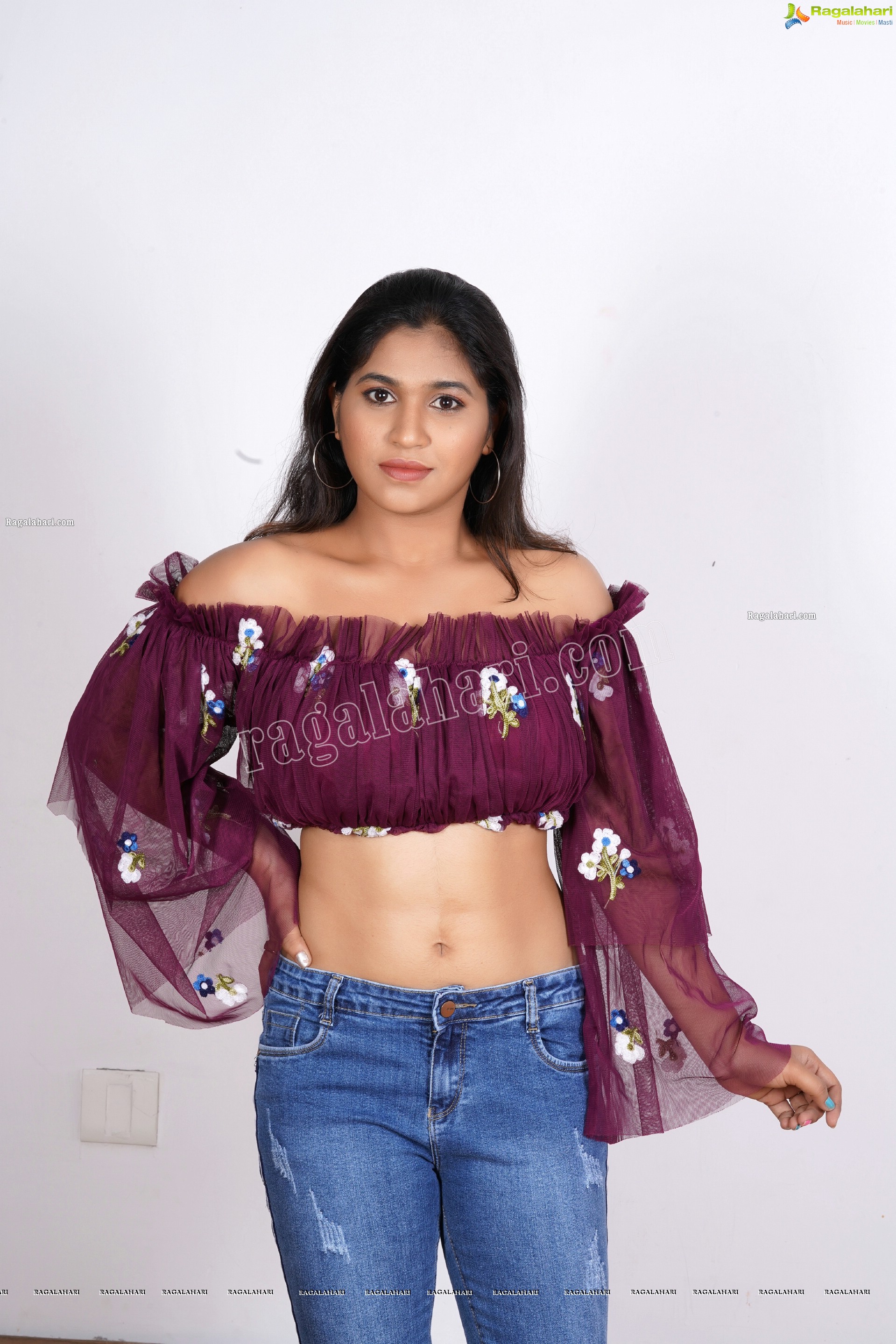 Honey Royal in Dark Purple Peplum Top and Jeans, Exclusive Photoshoot