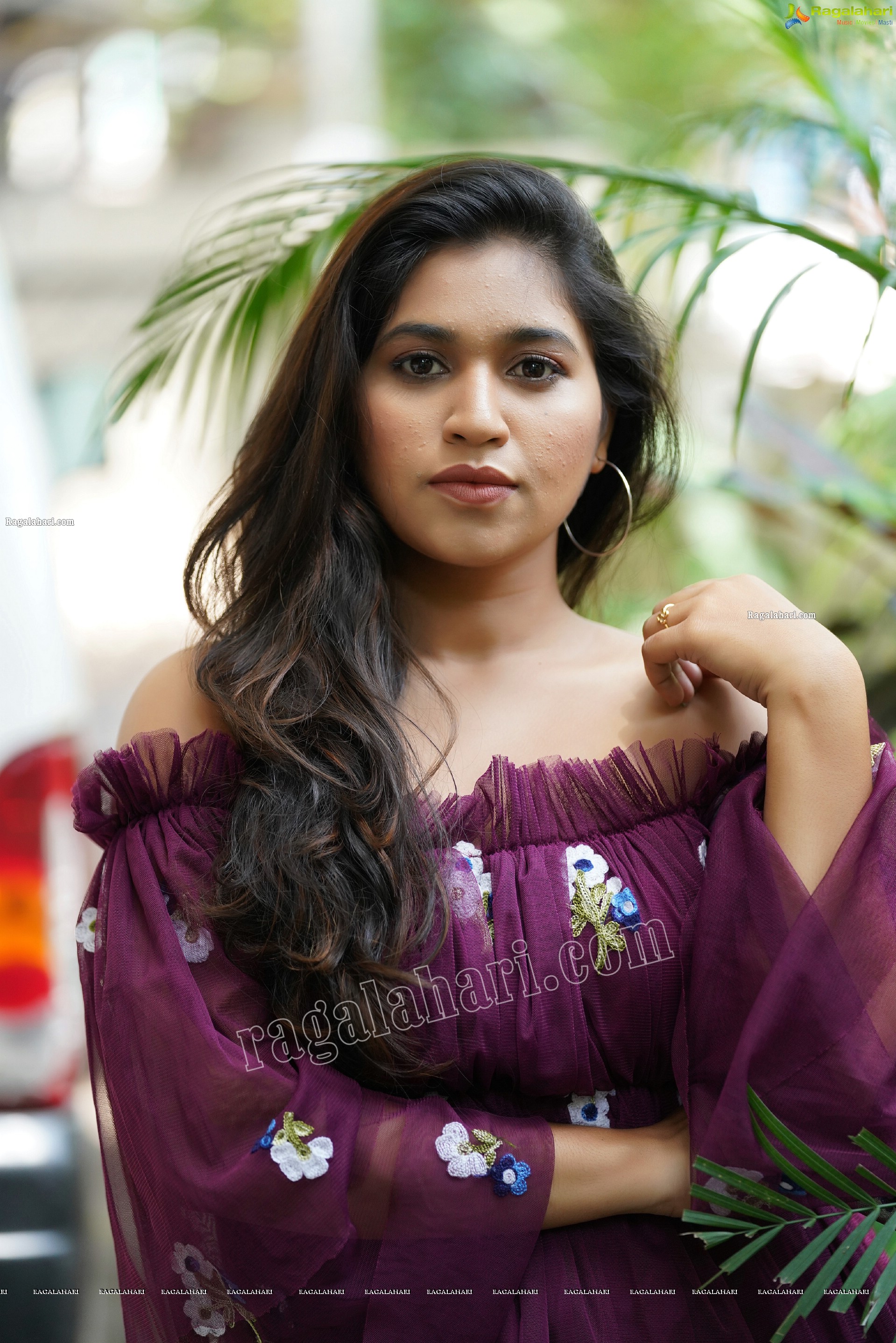 Honey Royal in Dark Purple Peplum Top and Jeans, Exclusive Photoshoot