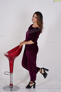 Model Tejal Tammali in Purple Velvet Jumpsuit