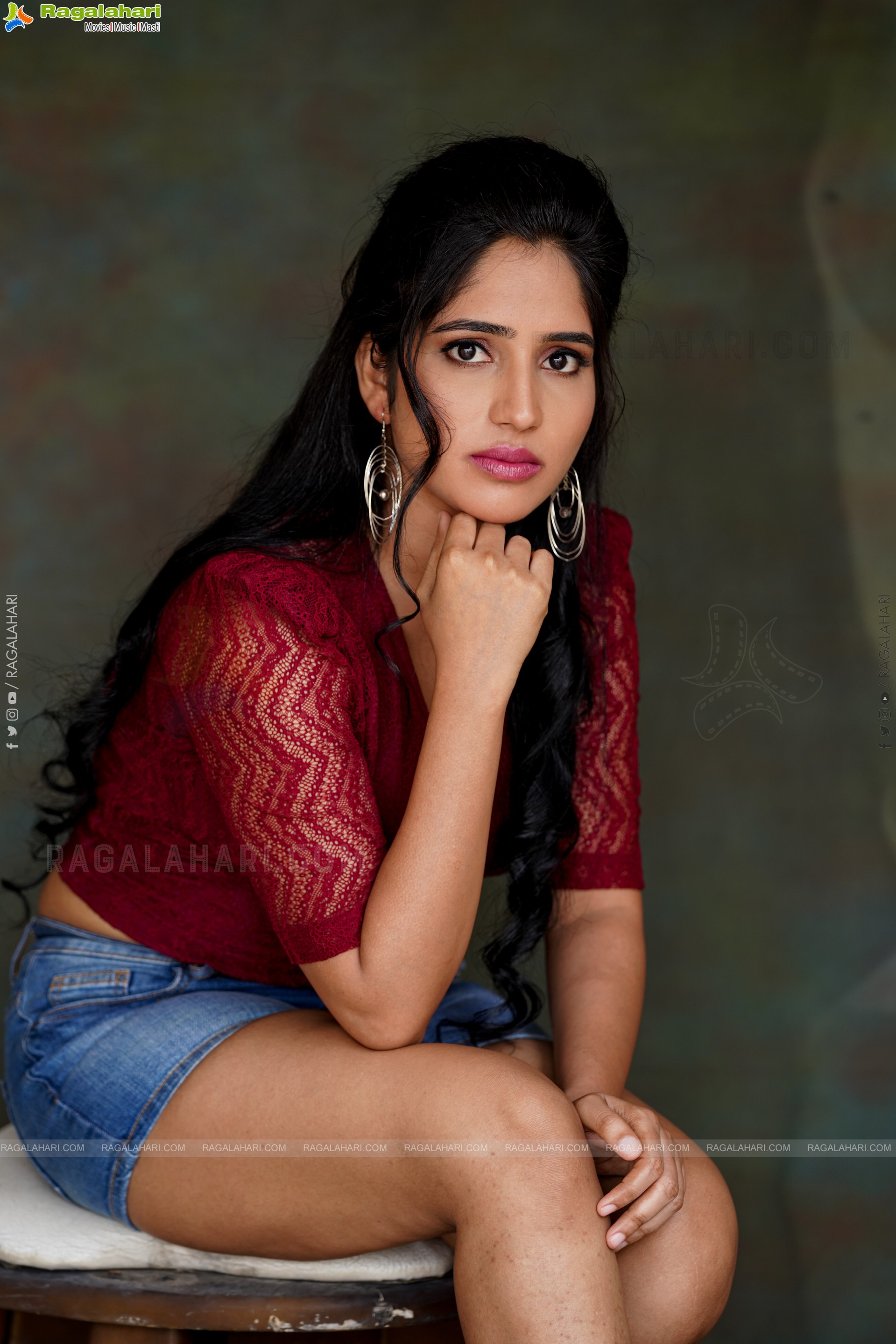 Ayesha in Maroon Crop top and Denim Shorts, Exclusive Photoshoot