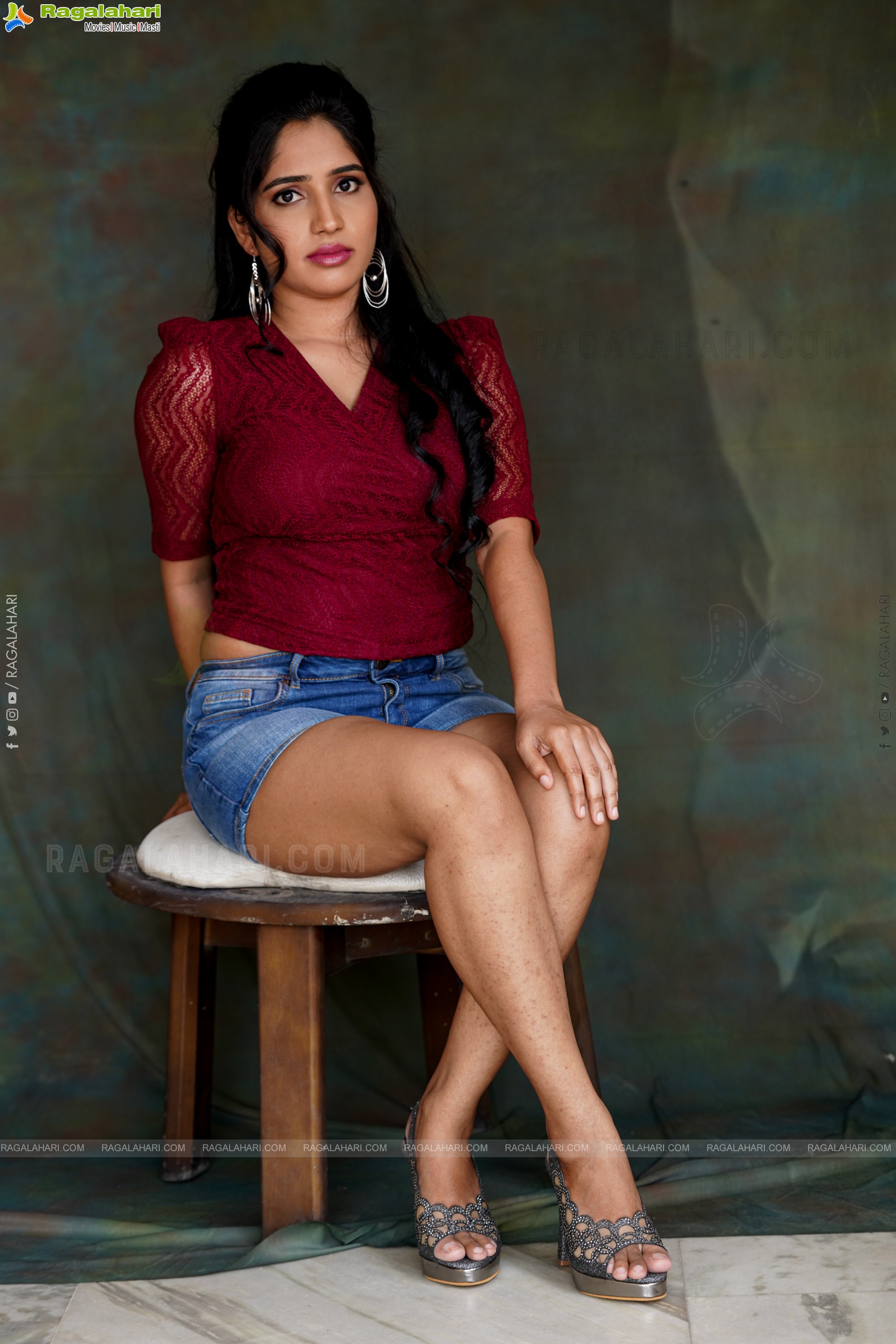 Ayesha in Maroon Crop top and Denim Shorts, Exclusive Photoshoot