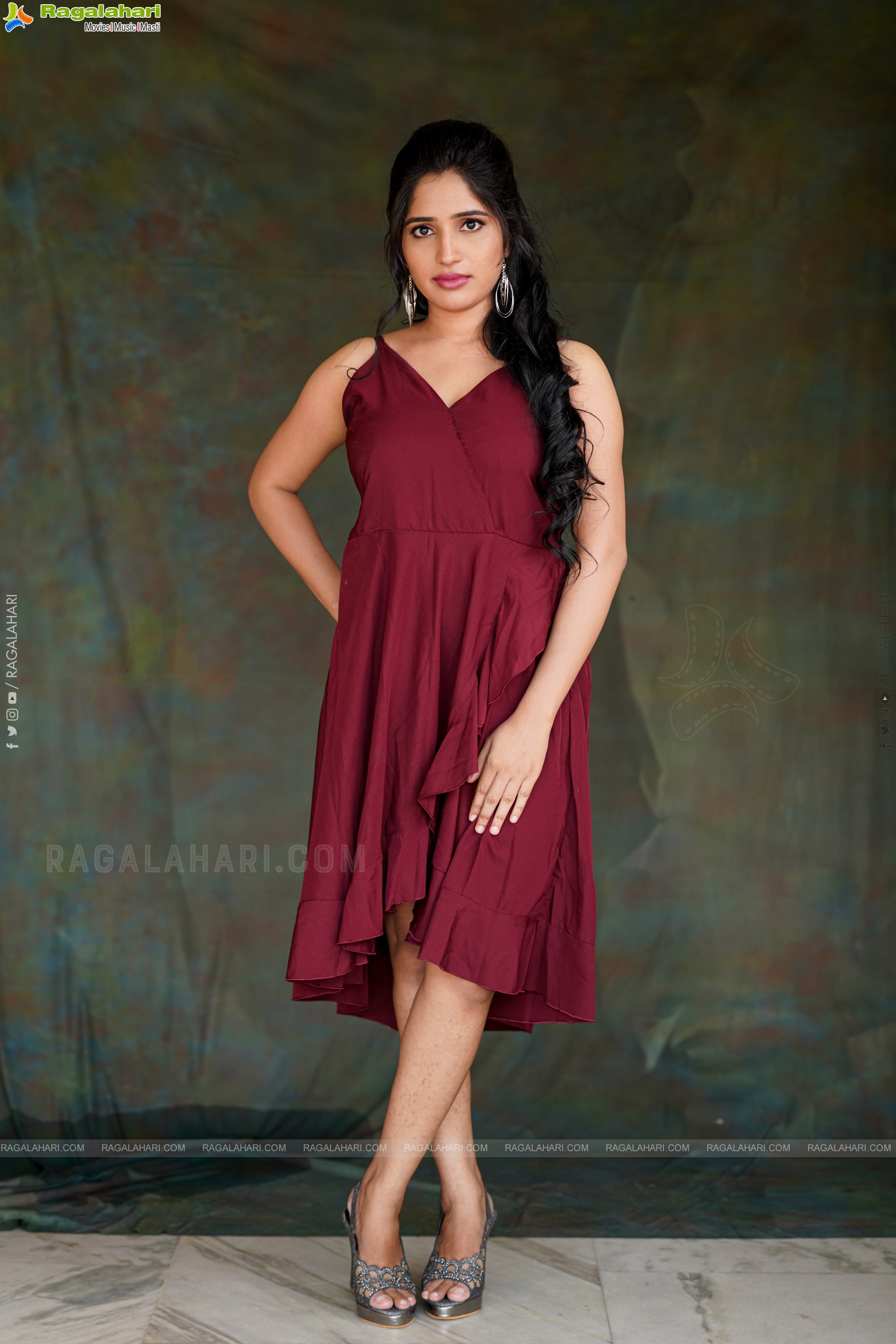 Ayesha in Maroon Ruffle Hem Dress, Exclusive Photoshoot