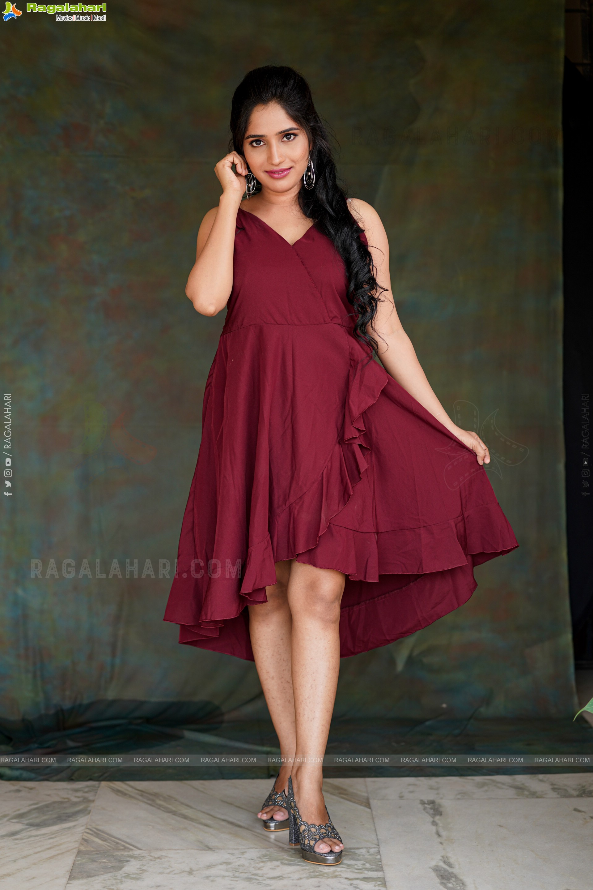 Ayesha in Maroon Ruffle Hem Dress, Exclusive Photoshoot