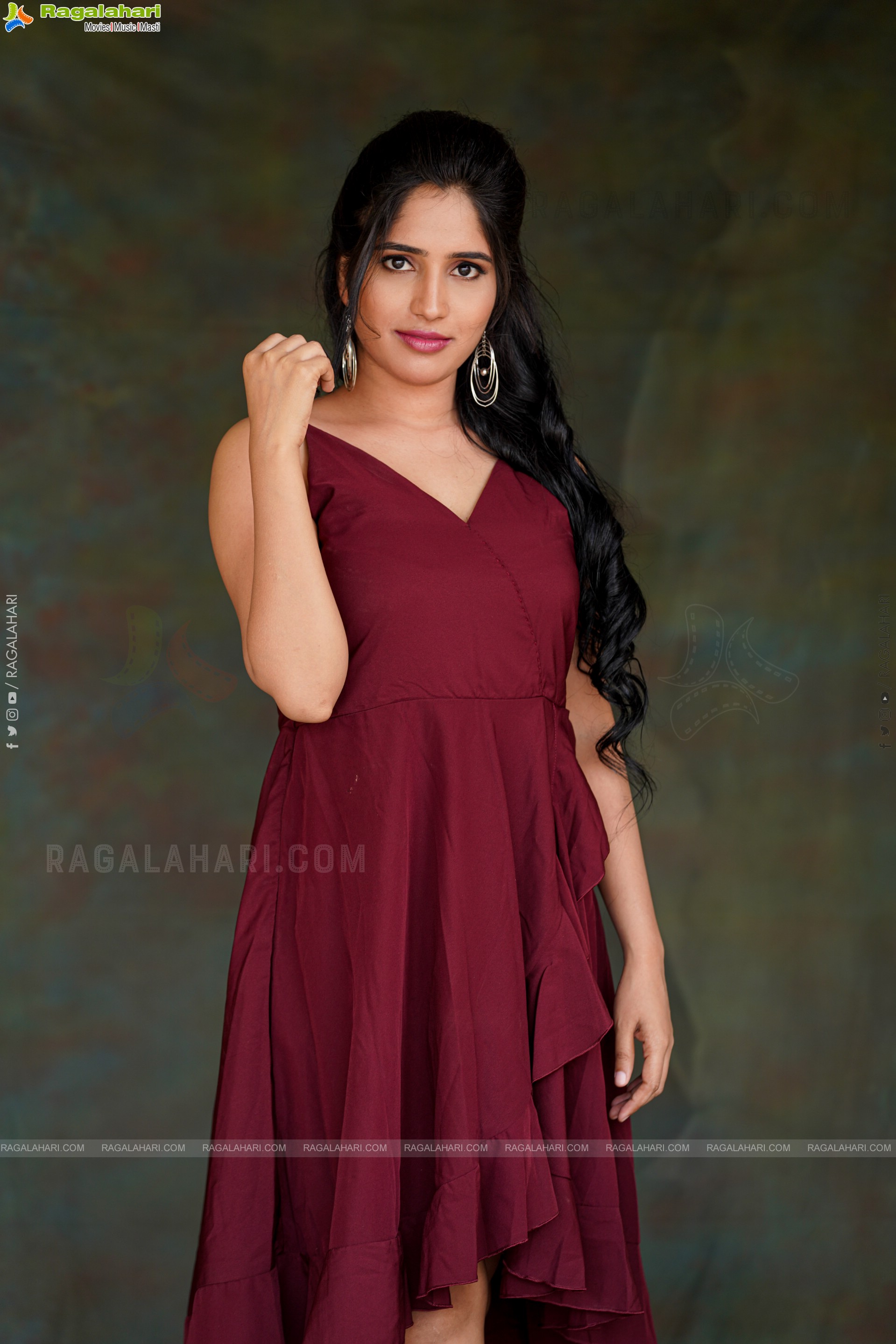 Ayesha in Maroon Ruffle Hem Dress, Exclusive Photoshoot