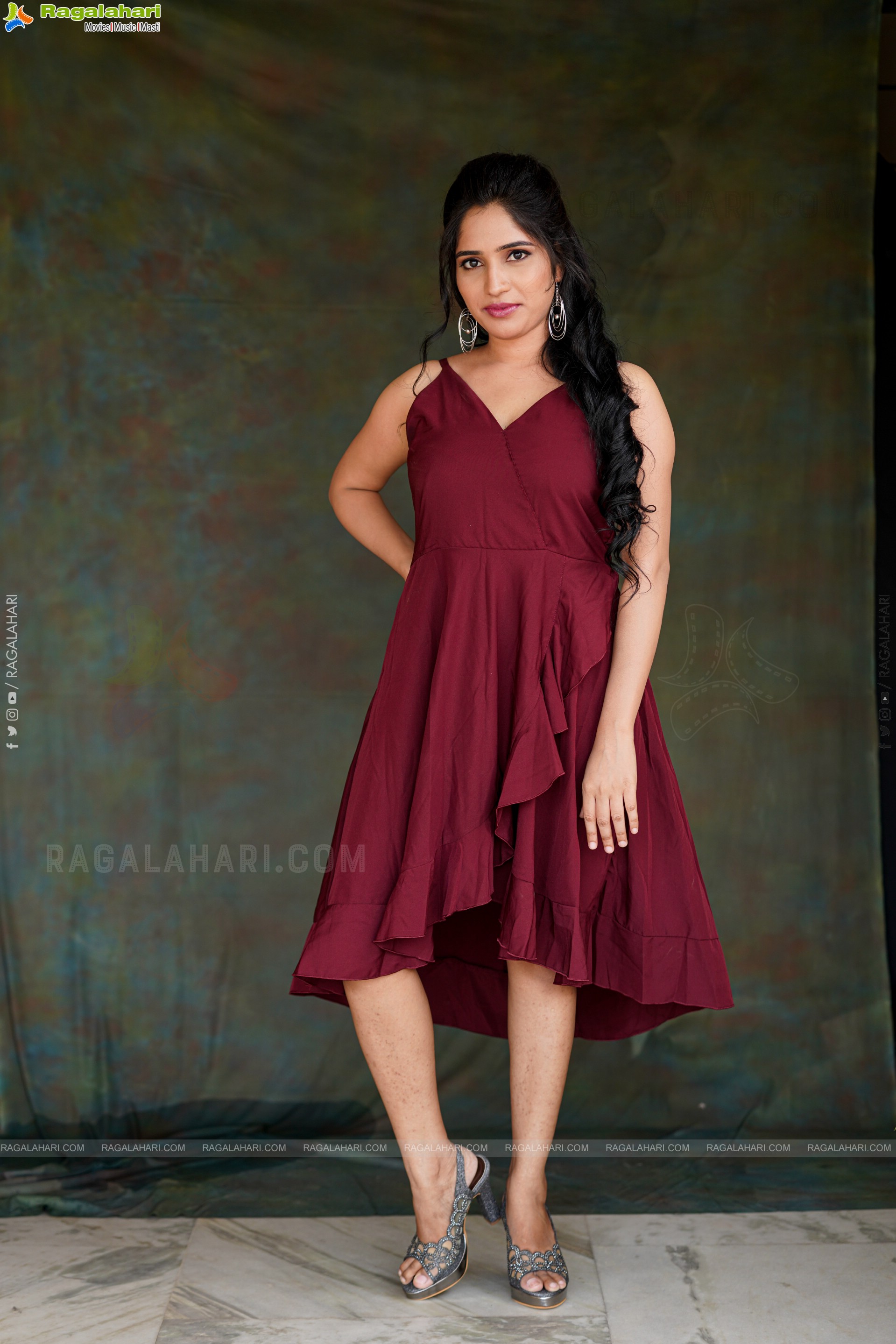 Ayesha in Maroon Ruffle Hem Dress, Exclusive Photoshoot