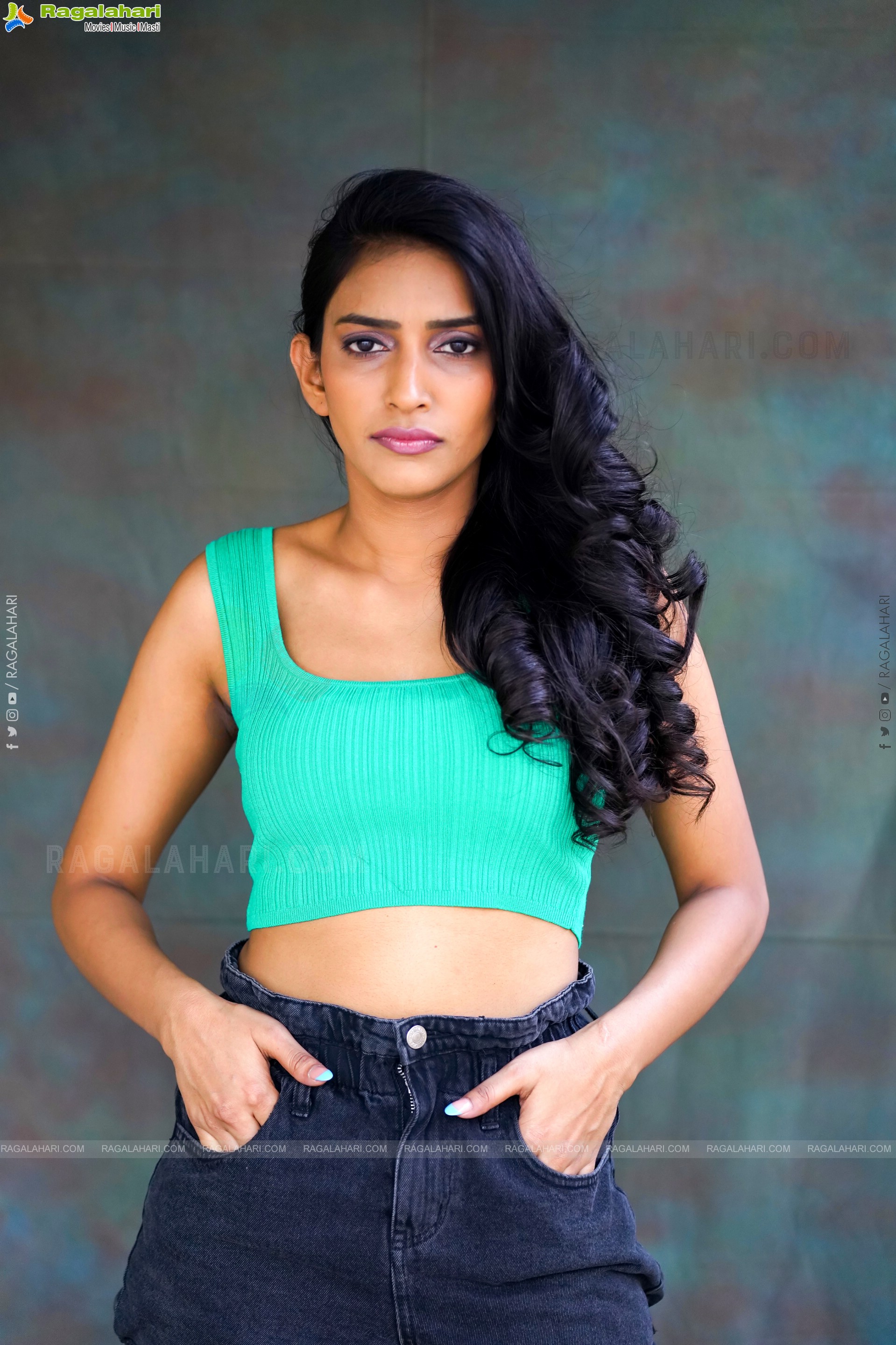 Nikita Gangurde in Cyan Green Crop Top and Black Shorts, Exclusive Photoshoot