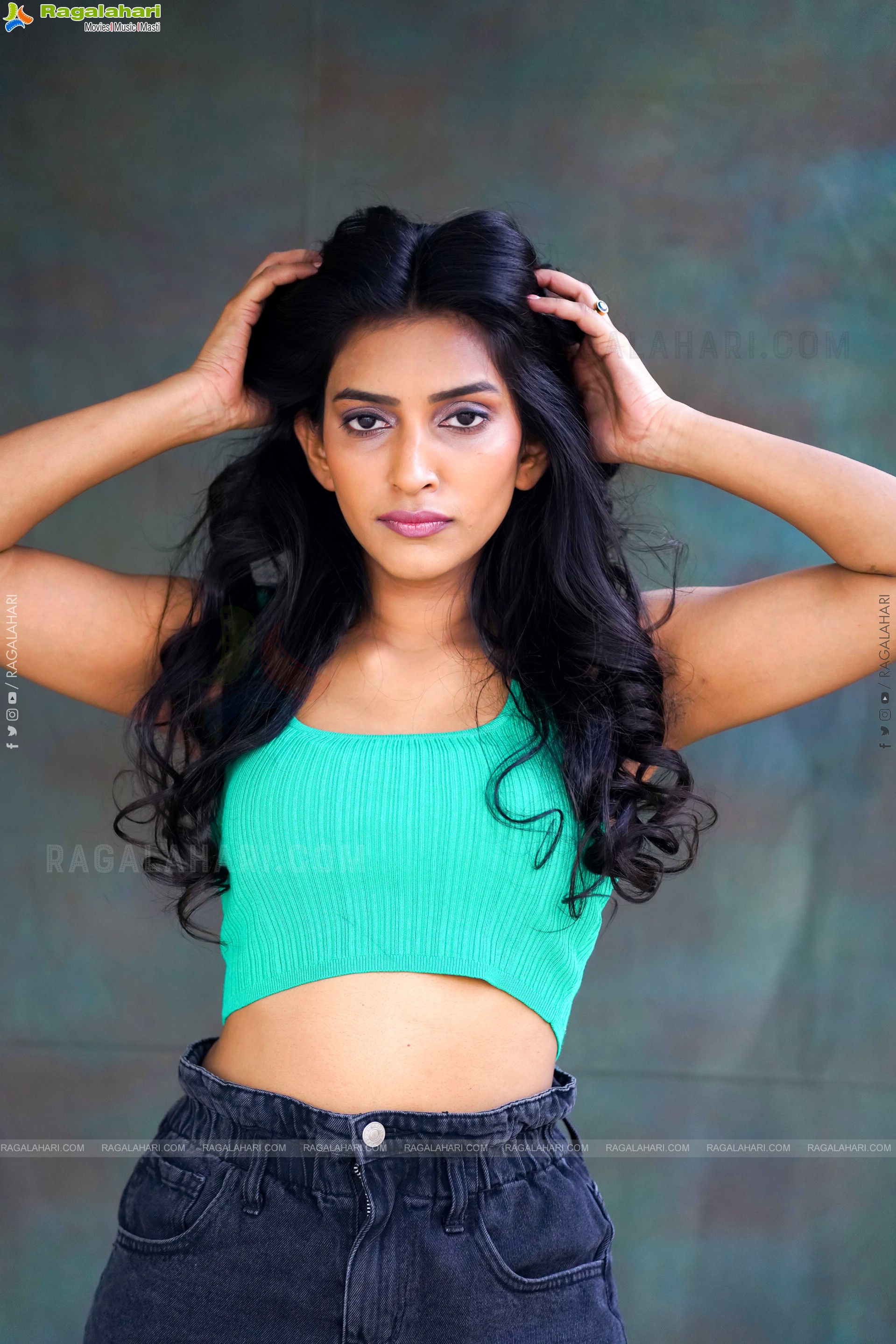 Nikita Gangurde in Cyan Green Crop Top and Black Shorts, Exclusive Photoshoot