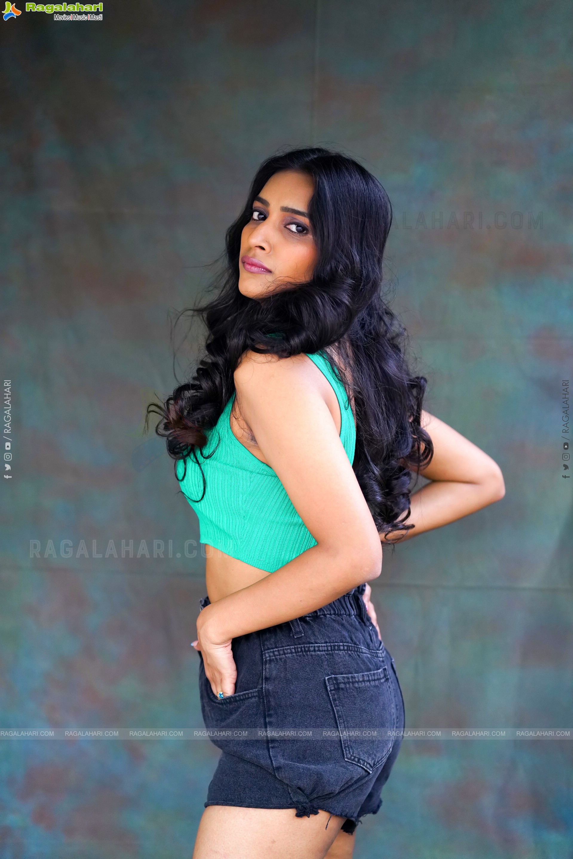 Nikita Gangurde in Cyan Green Crop Top and Black Shorts, Exclusive Photoshoot