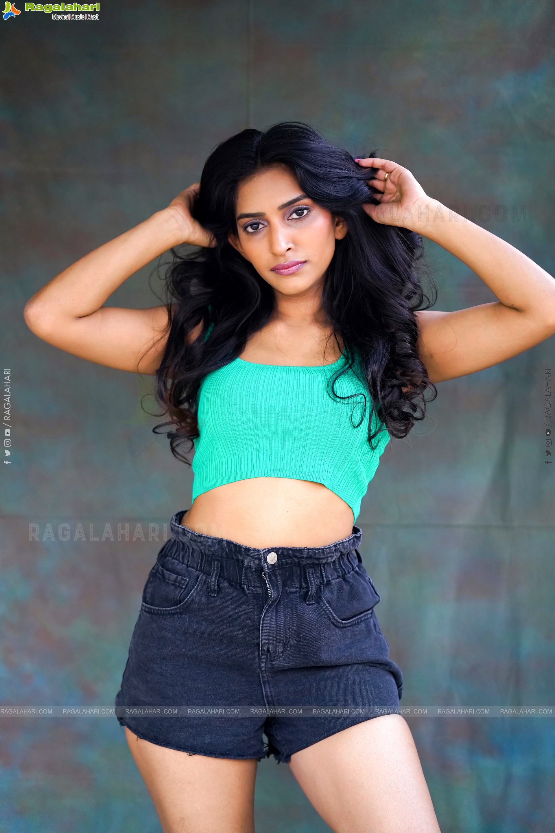 Nikita Gangurde in Cyan Green Crop Top and Black Shorts, Exclusive Photoshoot