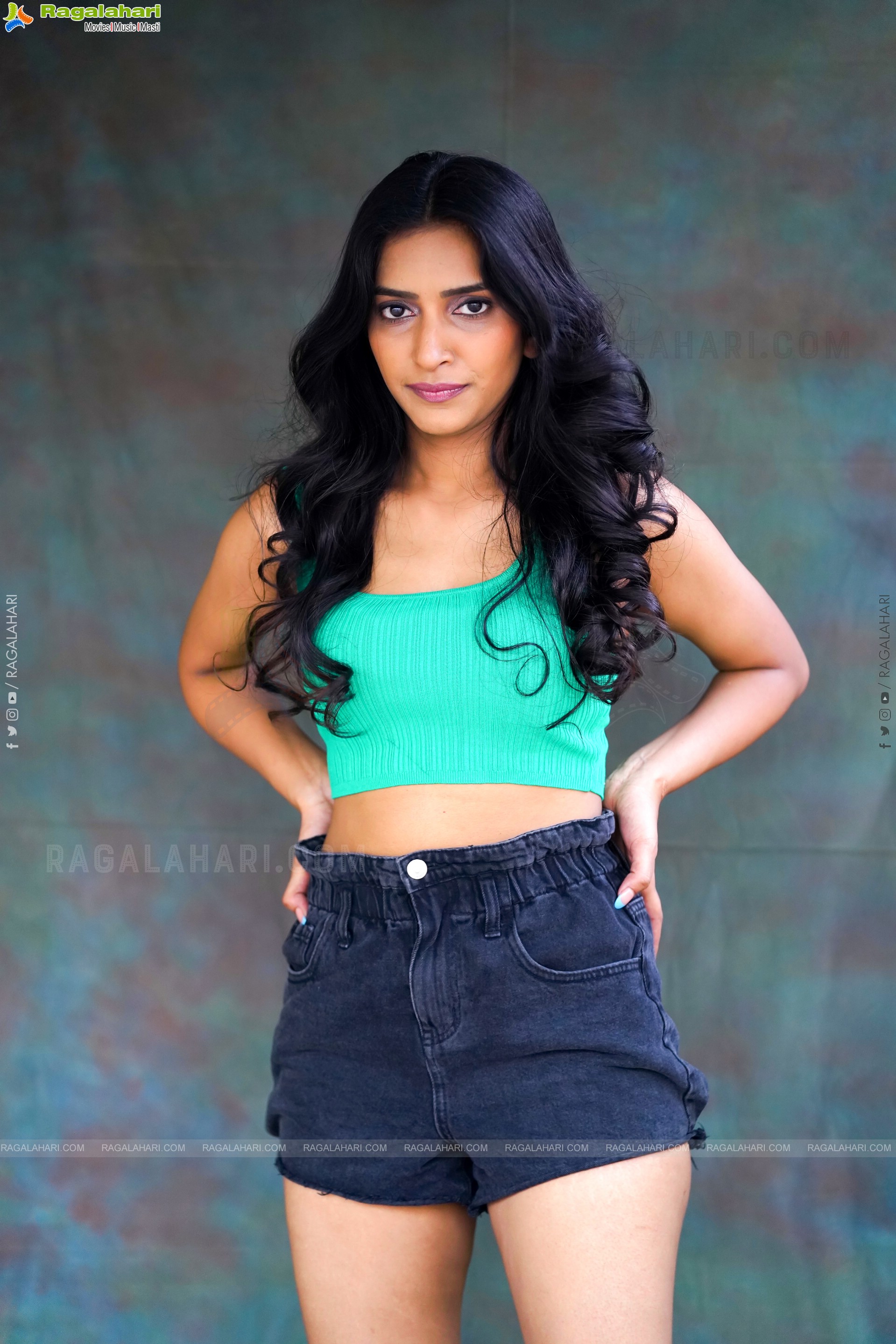 Nikita Gangurde in Cyan Green Crop Top and Black Shorts, Exclusive Photoshoot