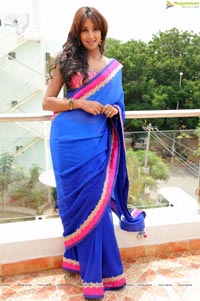 Sanjana posing in low back saree blouse