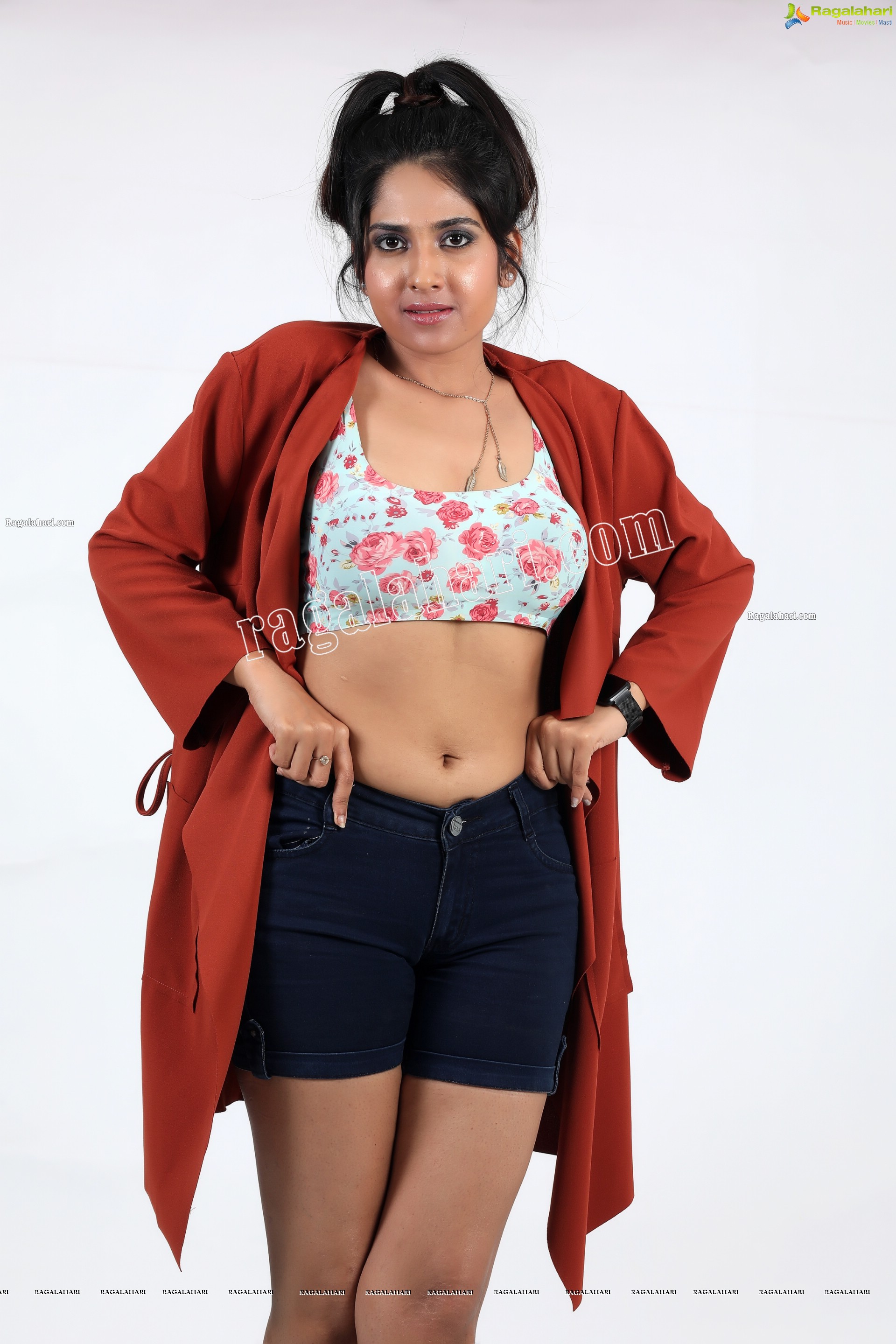 Simar Singh in Floral Crop Top and Denim Shorts Exclusive Photo Shoot