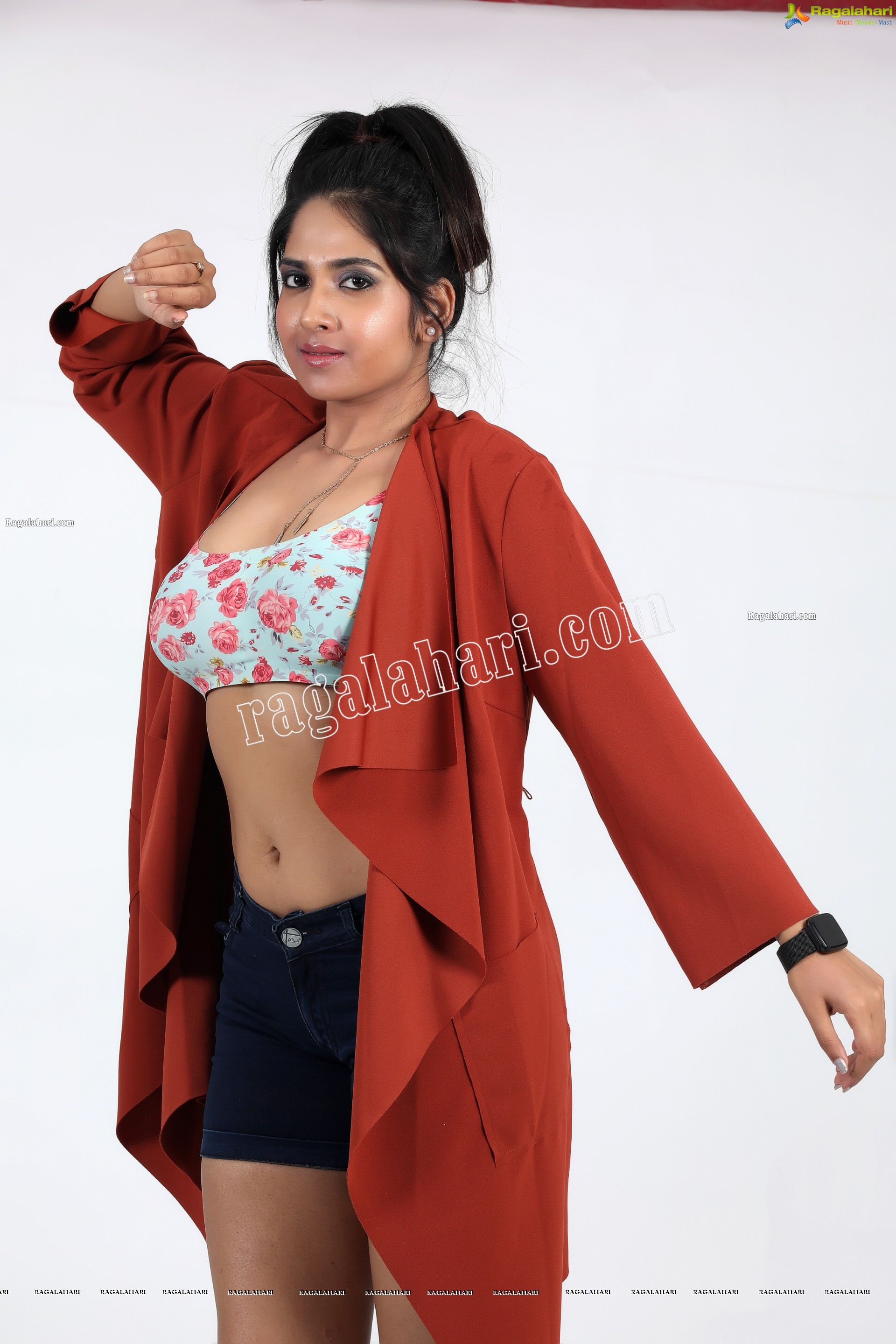 Simar Singh in Floral Crop Top and Denim Shorts Exclusive Photo Shoot