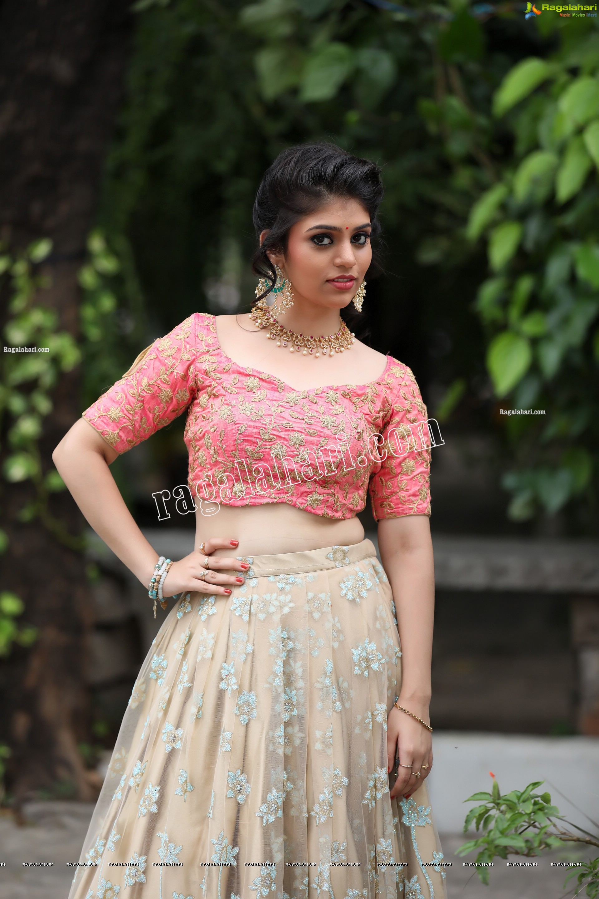 Viswa Sri Bandhavi in Blush Pink and Champagne Embellished Lehenga Exclusive Photo Shoot