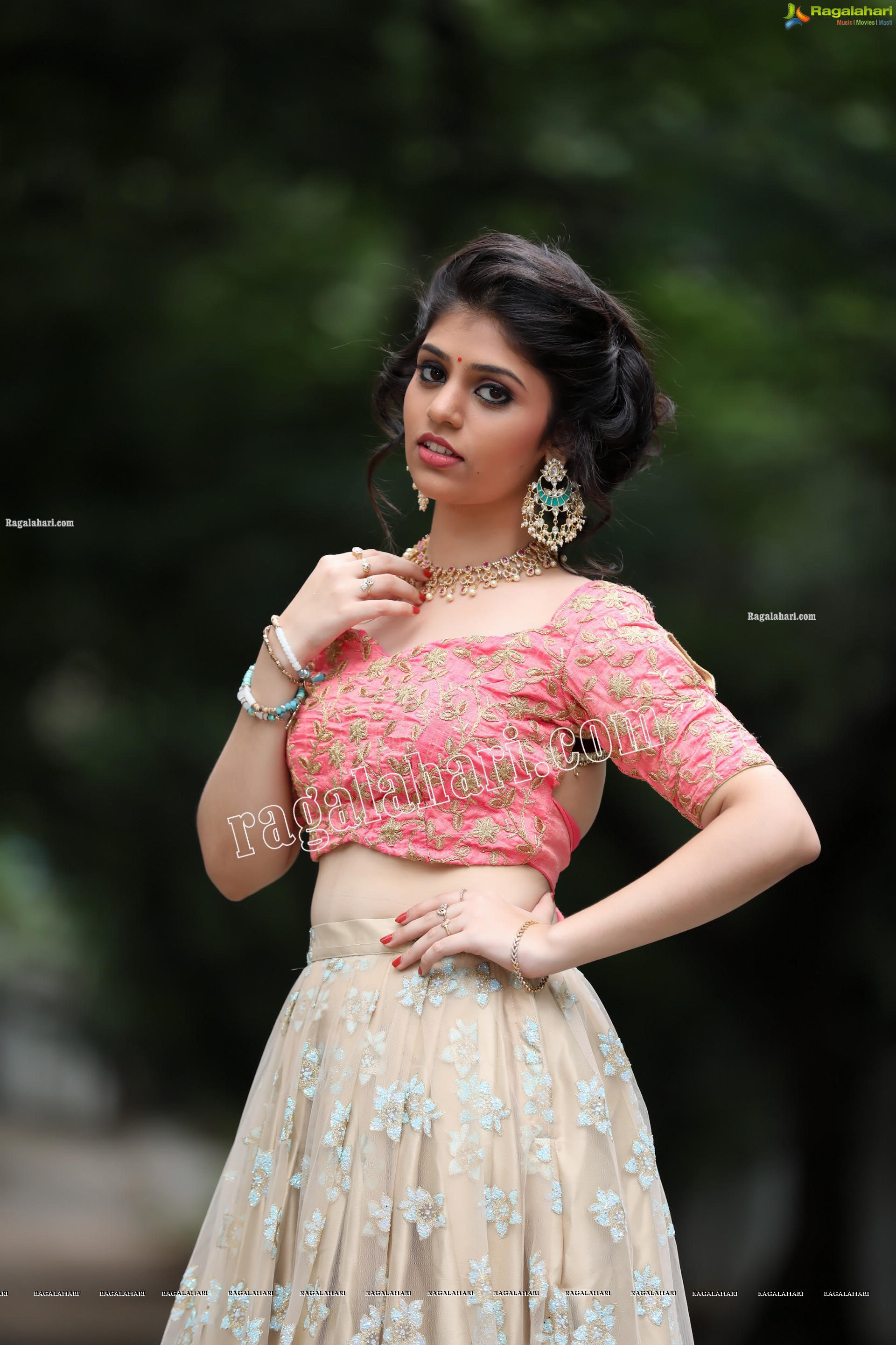 Viswa Sri Bandhavi in Blush Pink and Champagne Embellished Lehenga Exclusive Photo Shoot