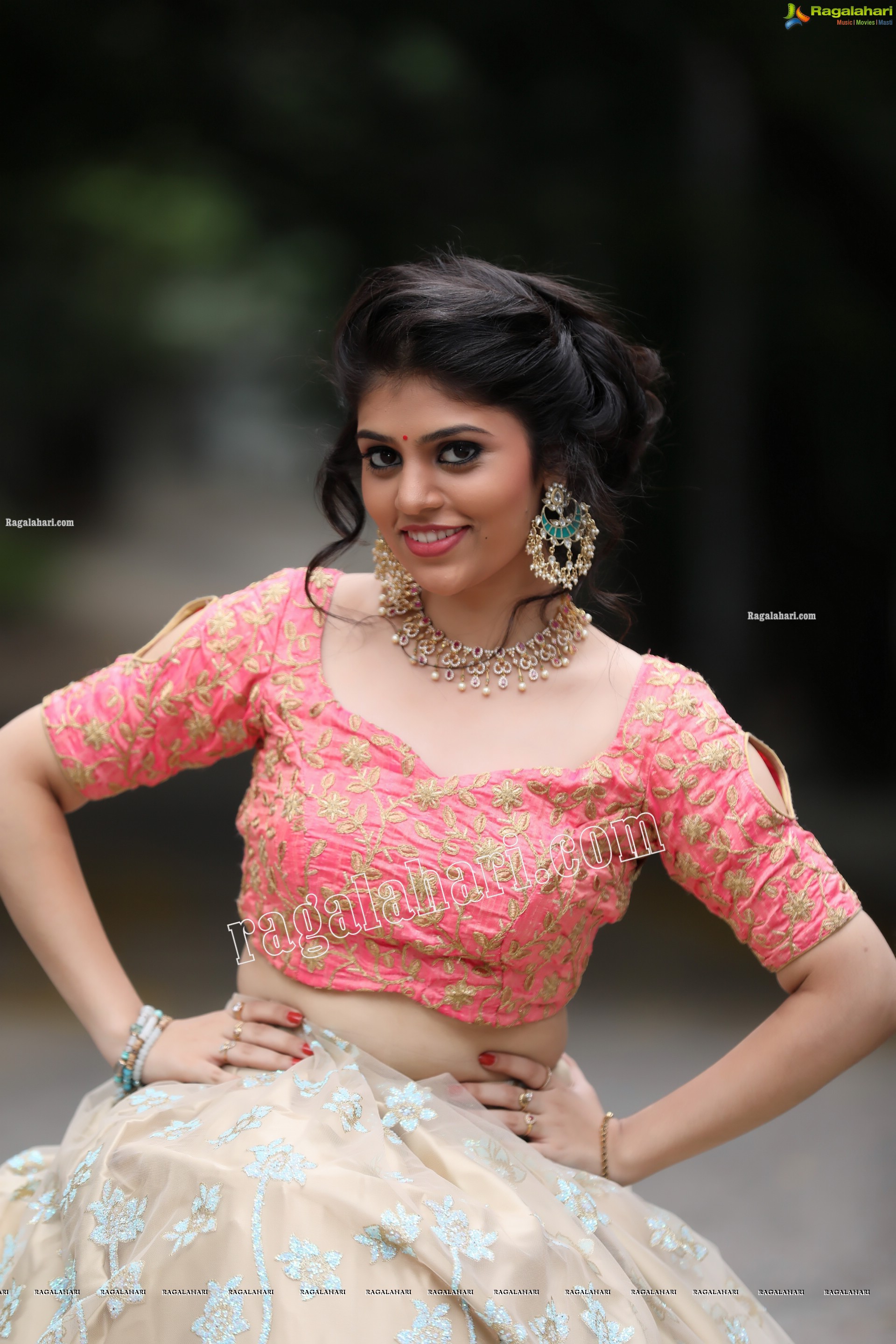 Viswa Sri Bandhavi in Blush Pink and Champagne Embellished Lehenga Exclusive Photo Shoot