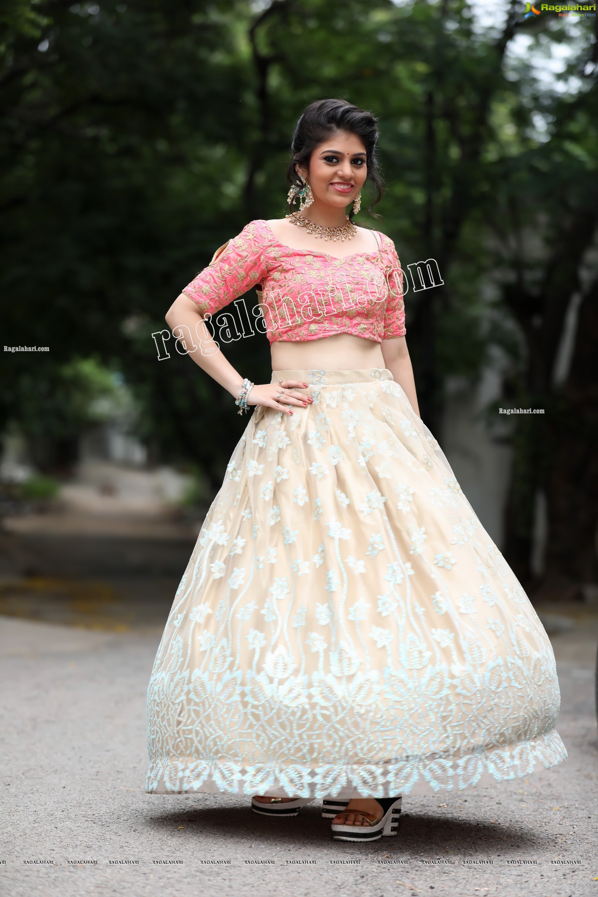 Viswa Sri Bandhavi in Blush Pink and Champagne Embellished Lehenga Exclusive Photo Shoot