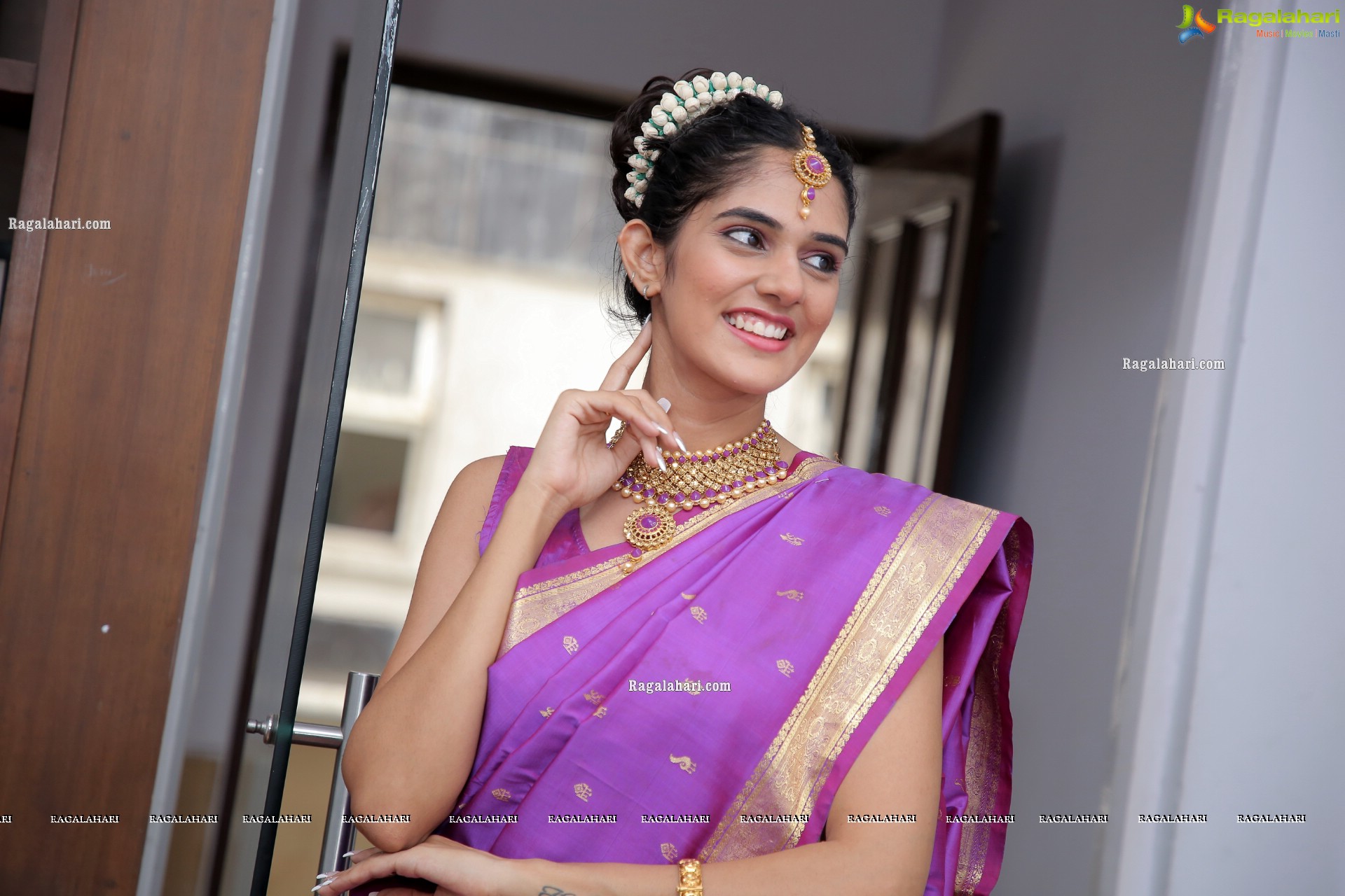 Kritya Sudha Karda in Purple Silk Saree, HD Photo Gallery