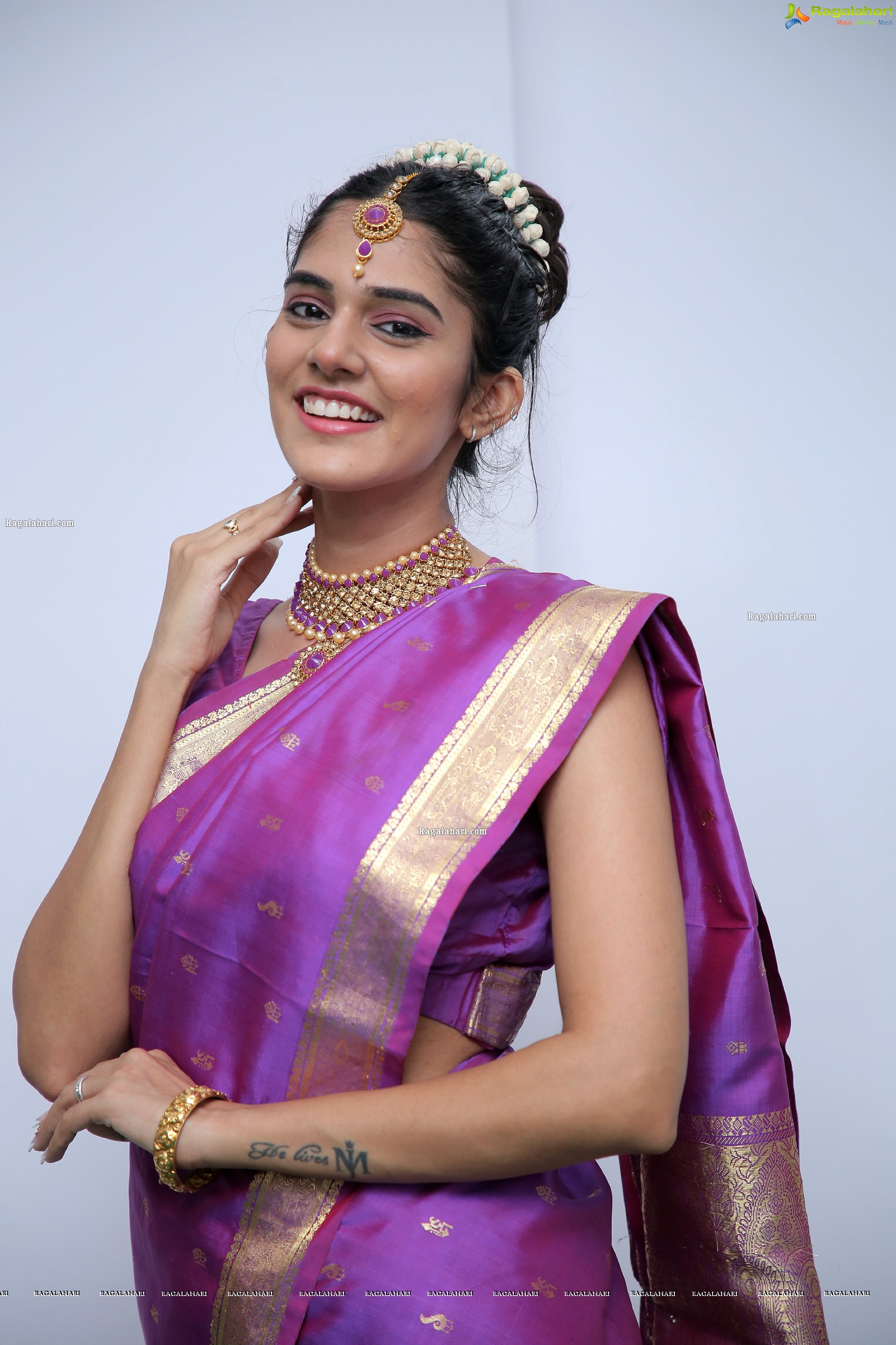 Kritya Sudha Karda in Purple Silk Saree, HD Photo Gallery