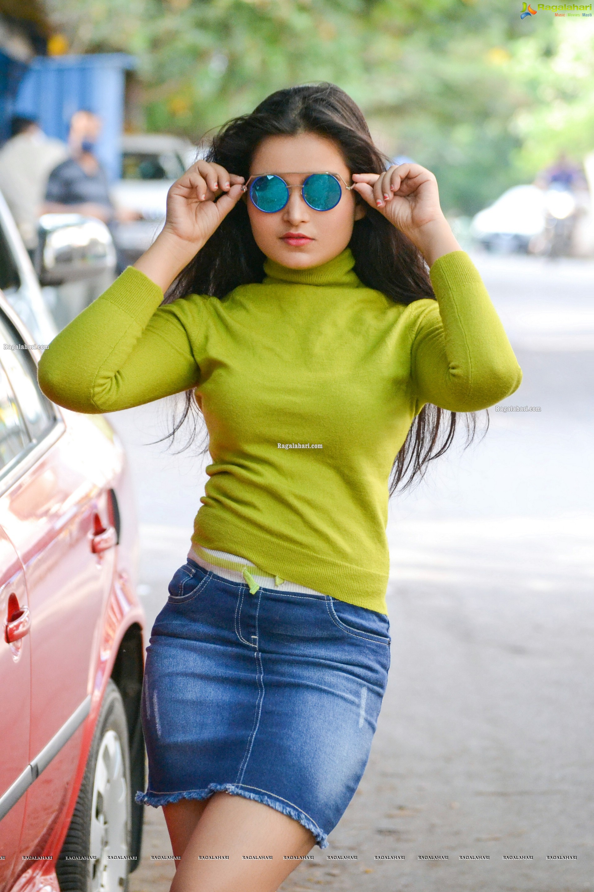 Vaanya Aggarwal in Green Knitted T-Shirt and Denim Mini Skirt, HD Stills