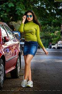 Vaanya Aggarwal in Green Knitted T-Shirt and Denim Skirt