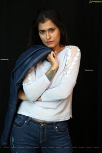 Chanchal Sharma in Blue Leather Jacket and Jeans
