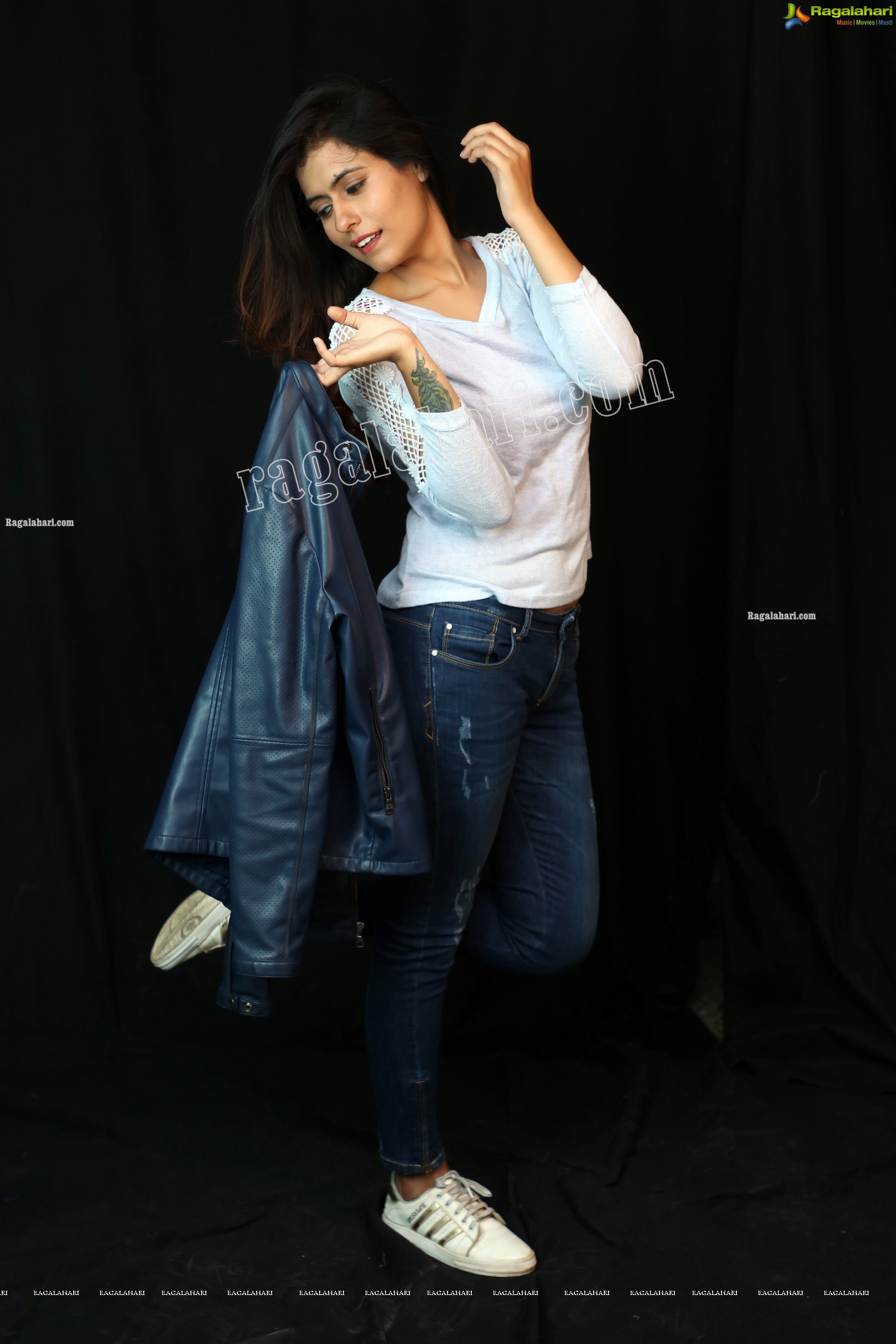 Chanchal Sharma in Blue Leather Jacket and Jeans, Exclusive Photoshoot