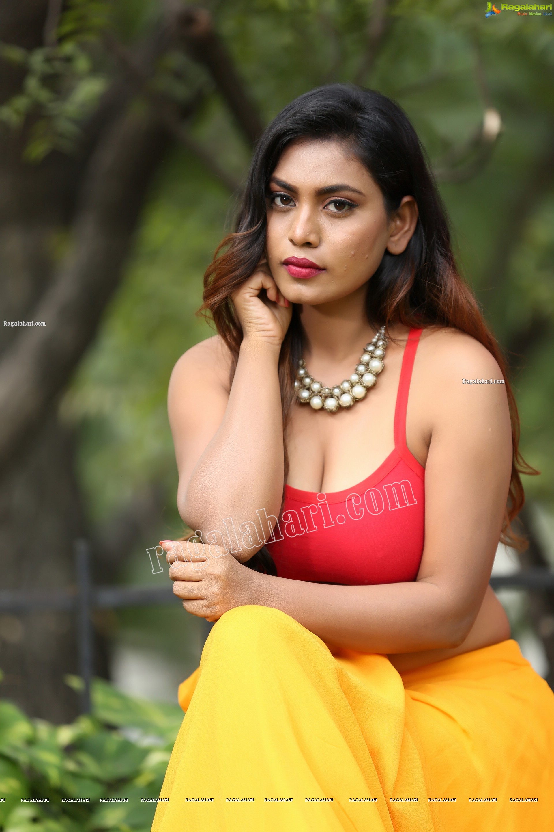 Priyanka Augustin in Yellow Divided Skirt and Red Crop Top, Exclusive Photo Shoot