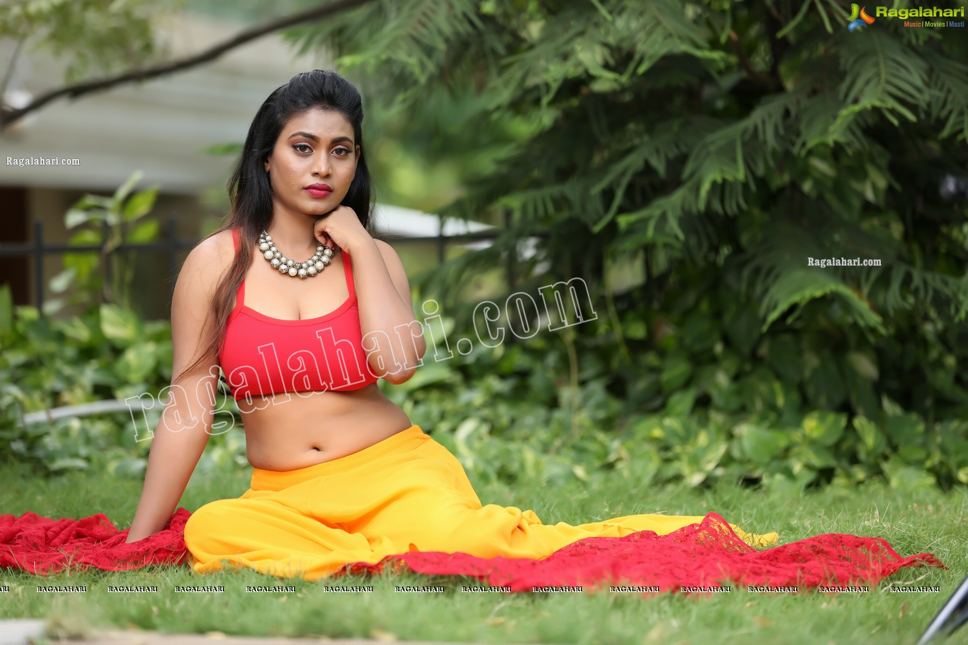 Priyanka Augustin in Yellow Divided Skirt and Red Crop Top, Exclusive Photo Shoot