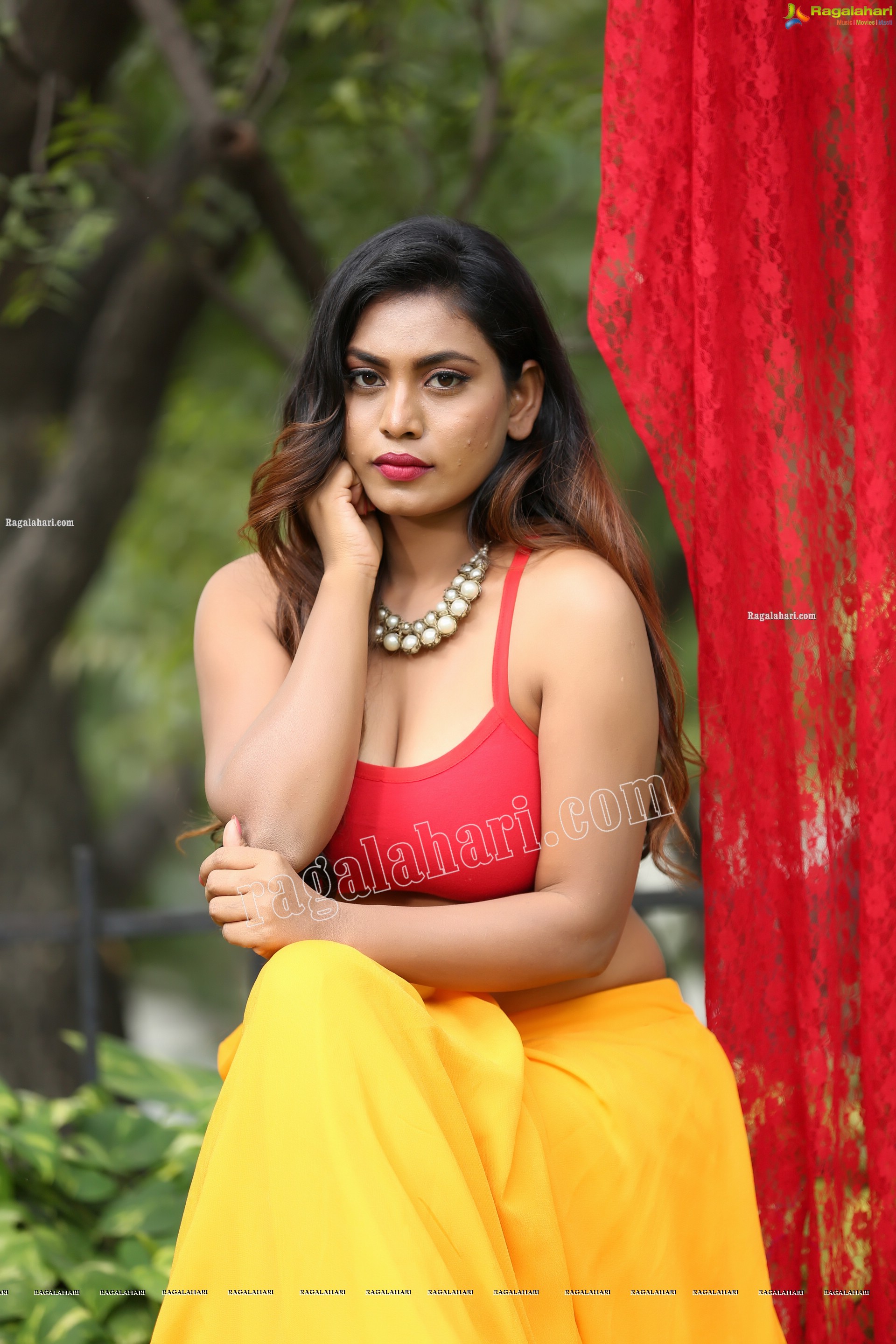 Priyanka Augustin in Yellow Divided Skirt and Red Crop Top, Exclusive Photo Shoot