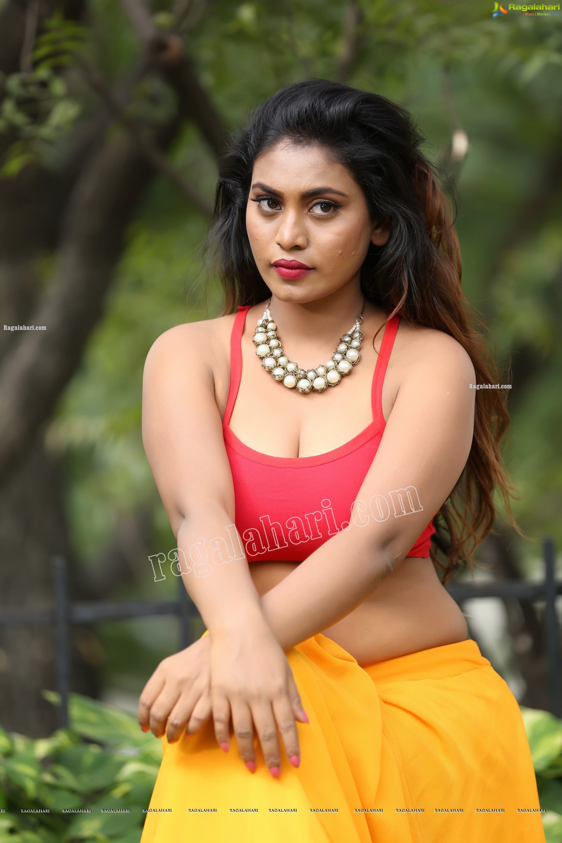 Priyanka Augustin in Yellow Divided Skirt and Red Crop Top, Exclusive Photo Shoot