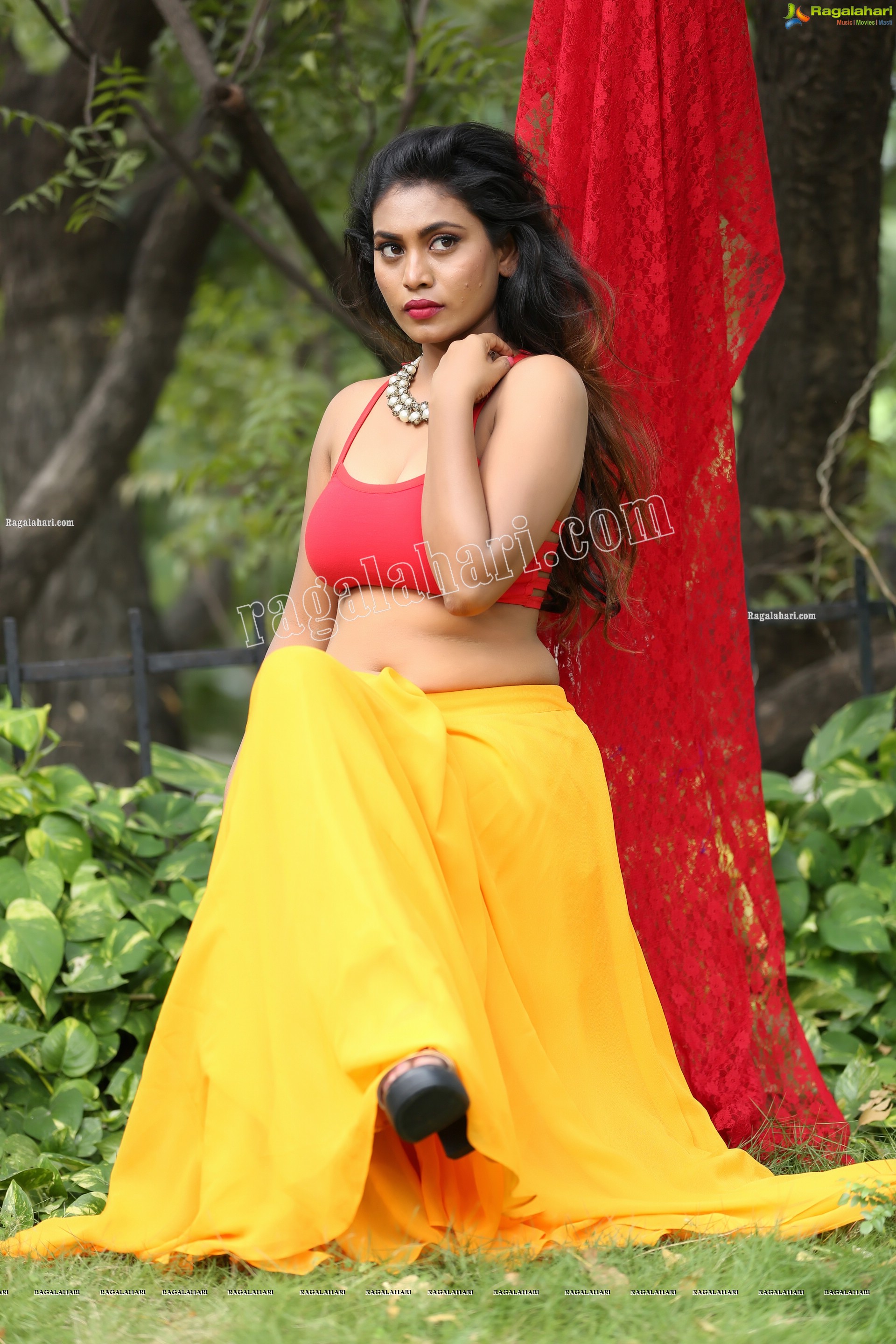 Priyanka Augustin in Yellow Divided Skirt and Red Crop Top, Exclusive Photo Shoot