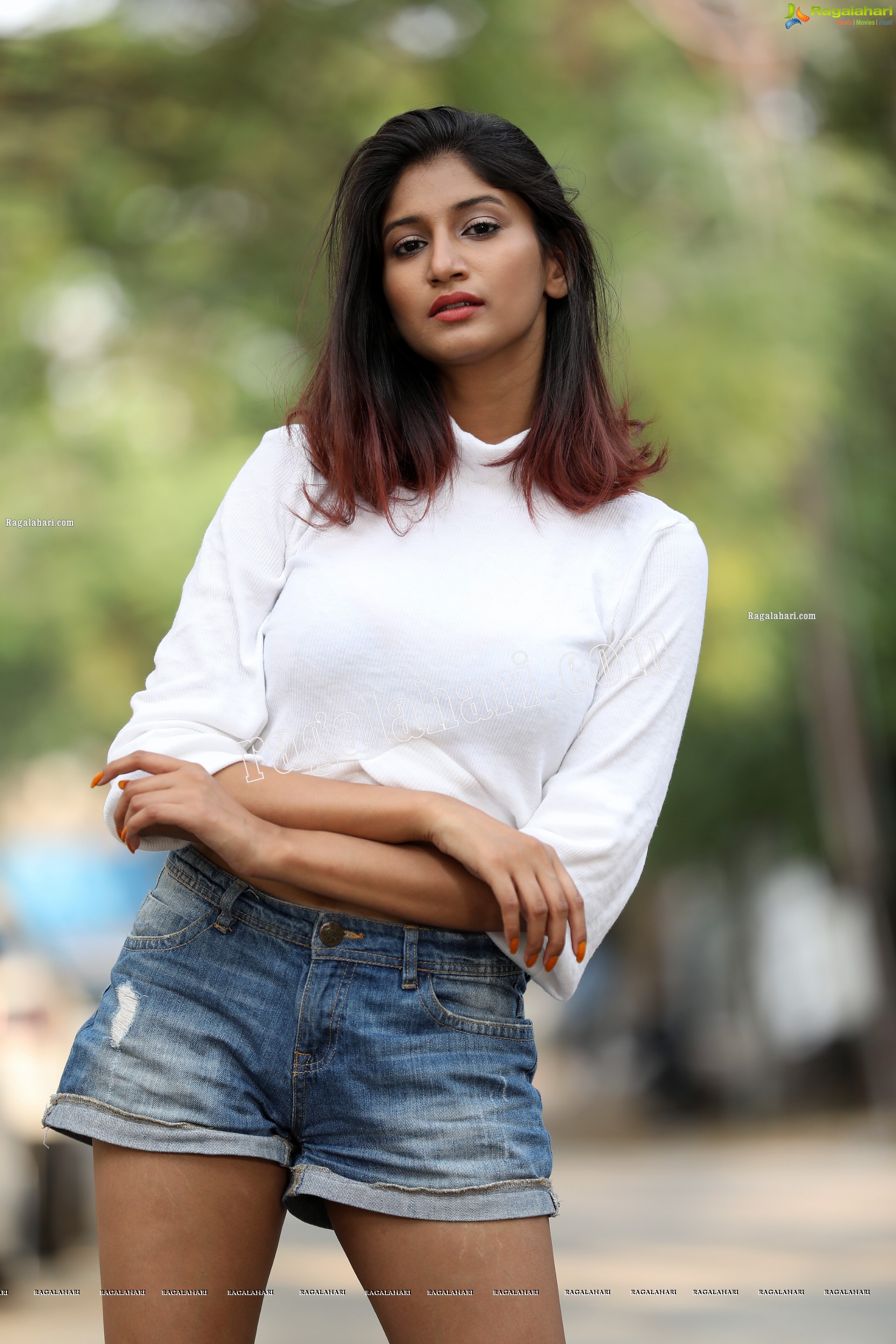 Sulagna Karmakar in White Crop Top and Denim Shorts, Exclusive Photoshoot