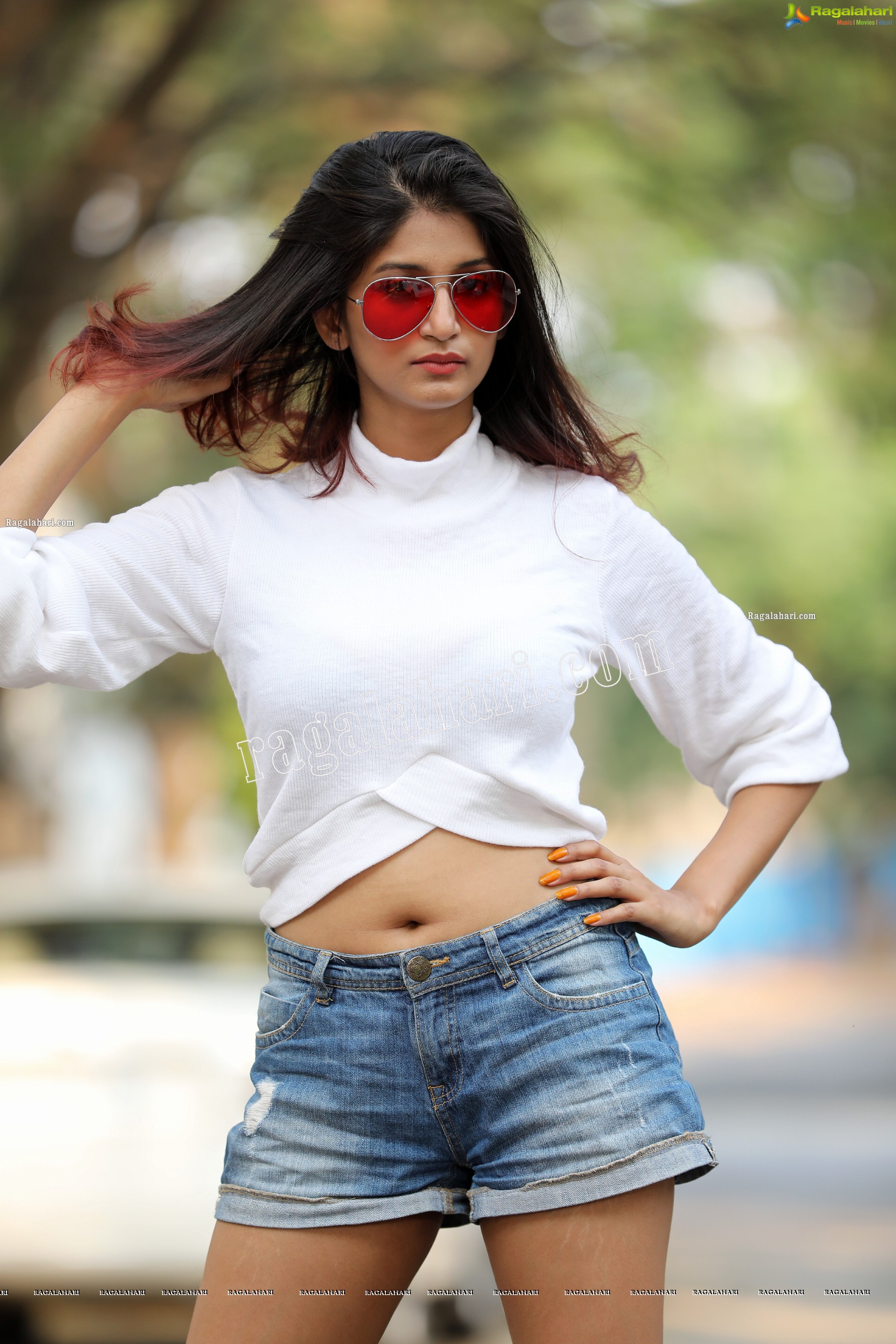 Sulagna Karmakar in White Crop Top and Denim Shorts, Exclusive Photoshoot